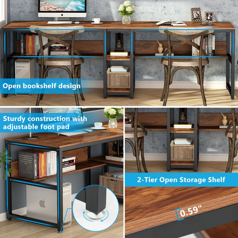 78.7" Two Person Desk, Double Computer Desk with Bookshelf - Image 10