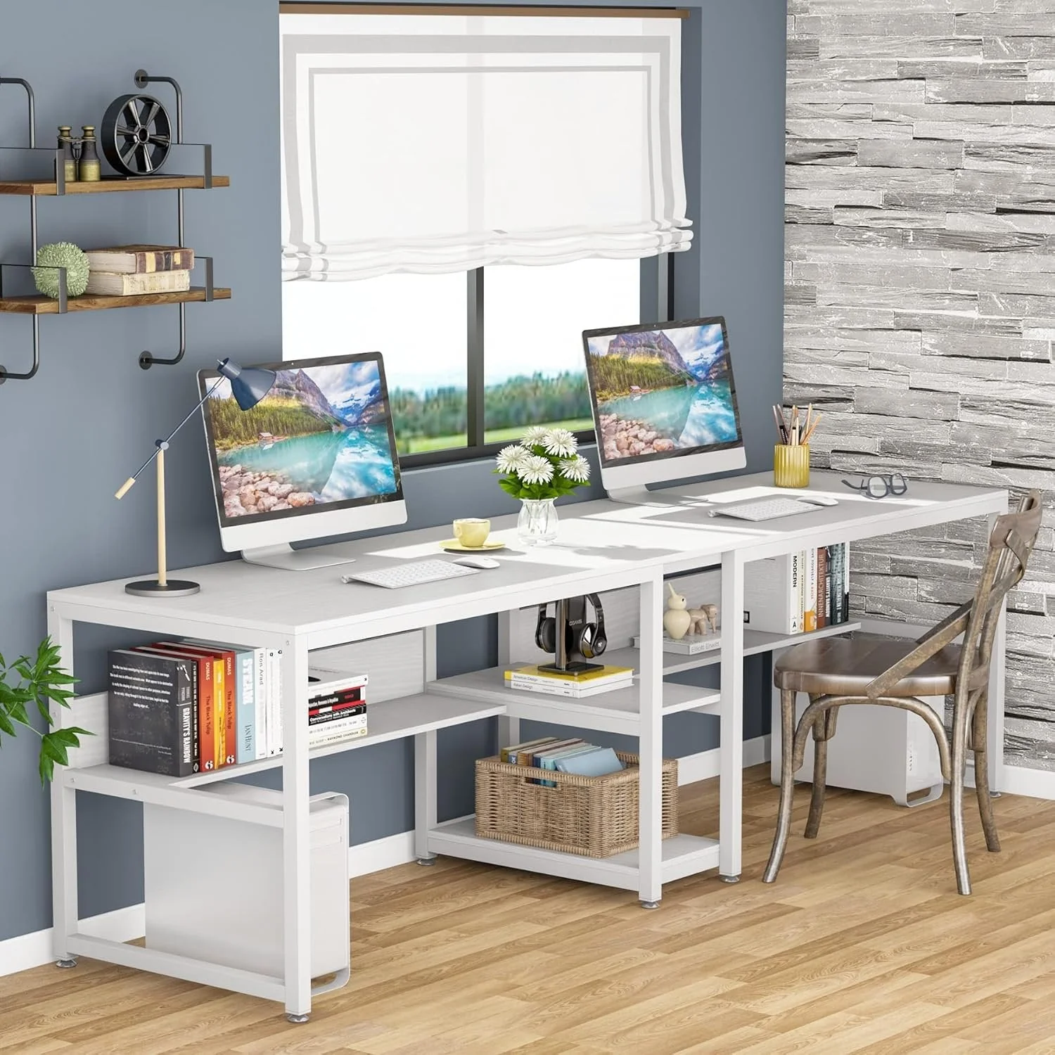 78.7" Two Person Desk, Double Computer Desk with Bookshelf - Image 3