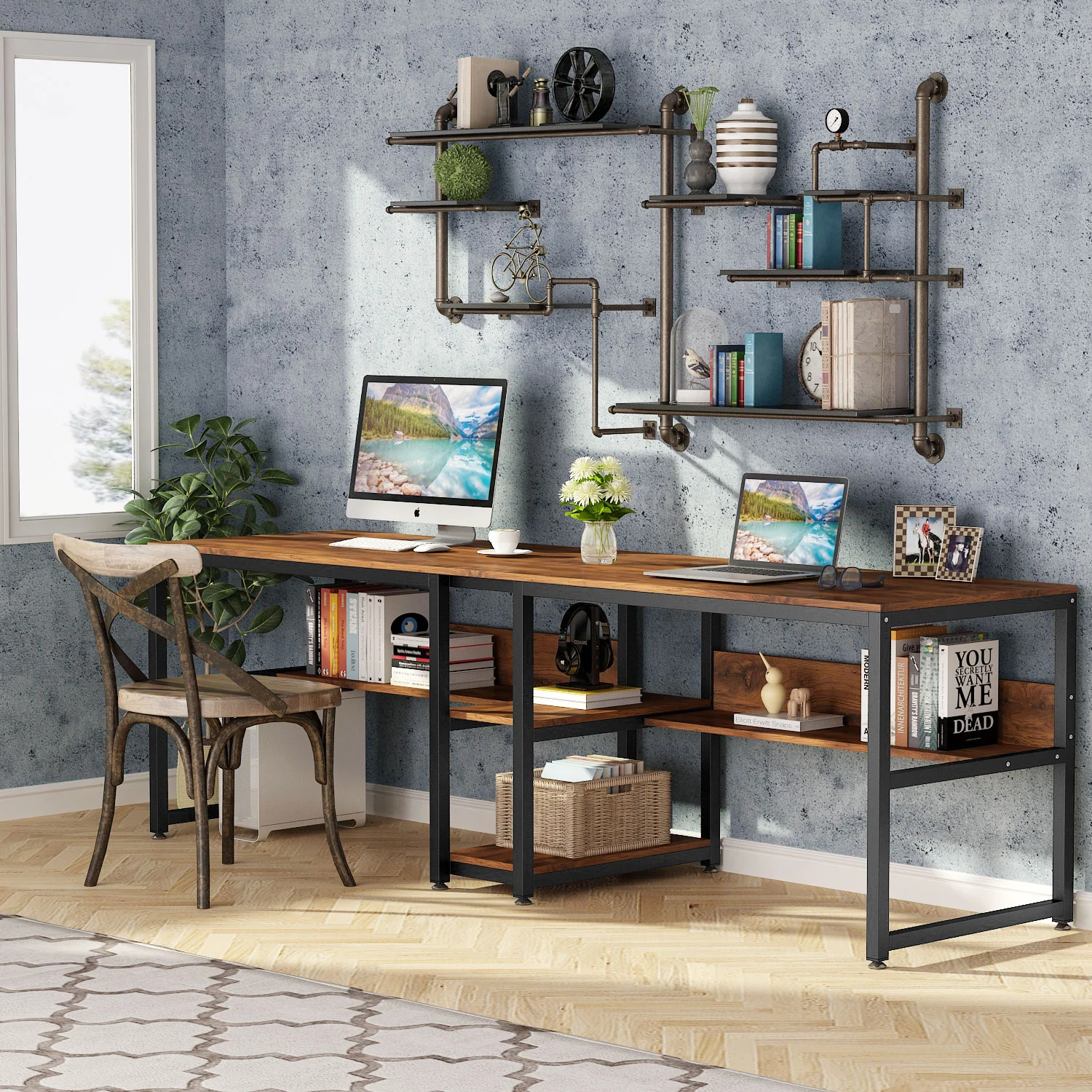 78.7" Two Person Desk, Double Computer Desk with Bookshelf - Image 7