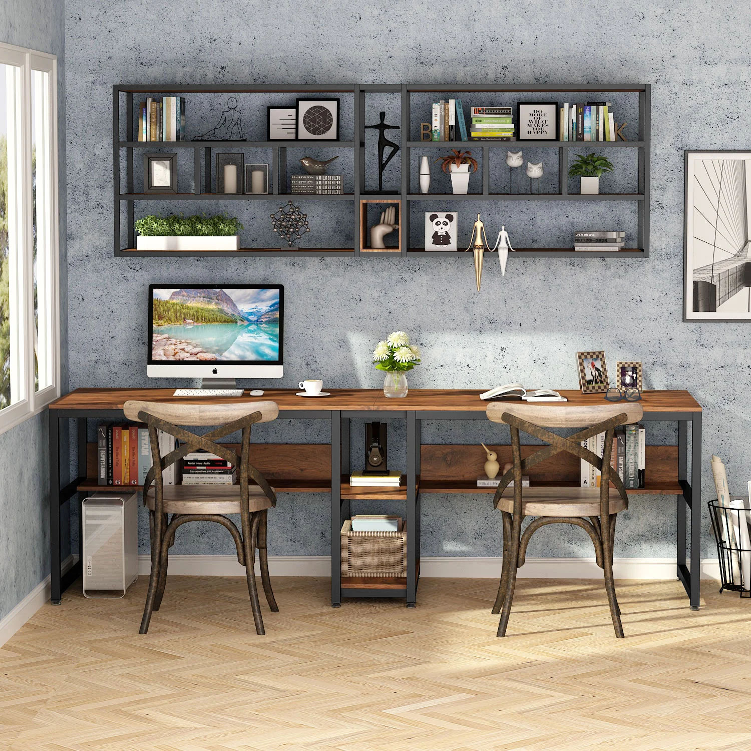 78.7" Two Person Desk, Double Computer Desk with Bookshelf - Image 8