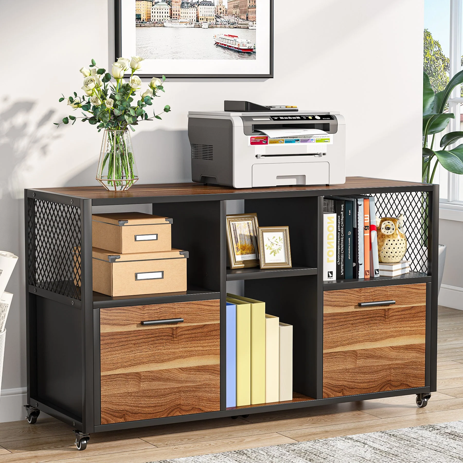 2 Drawer File Cabinet, Wood Mobile Lateral Filing Cabinet - Image 4