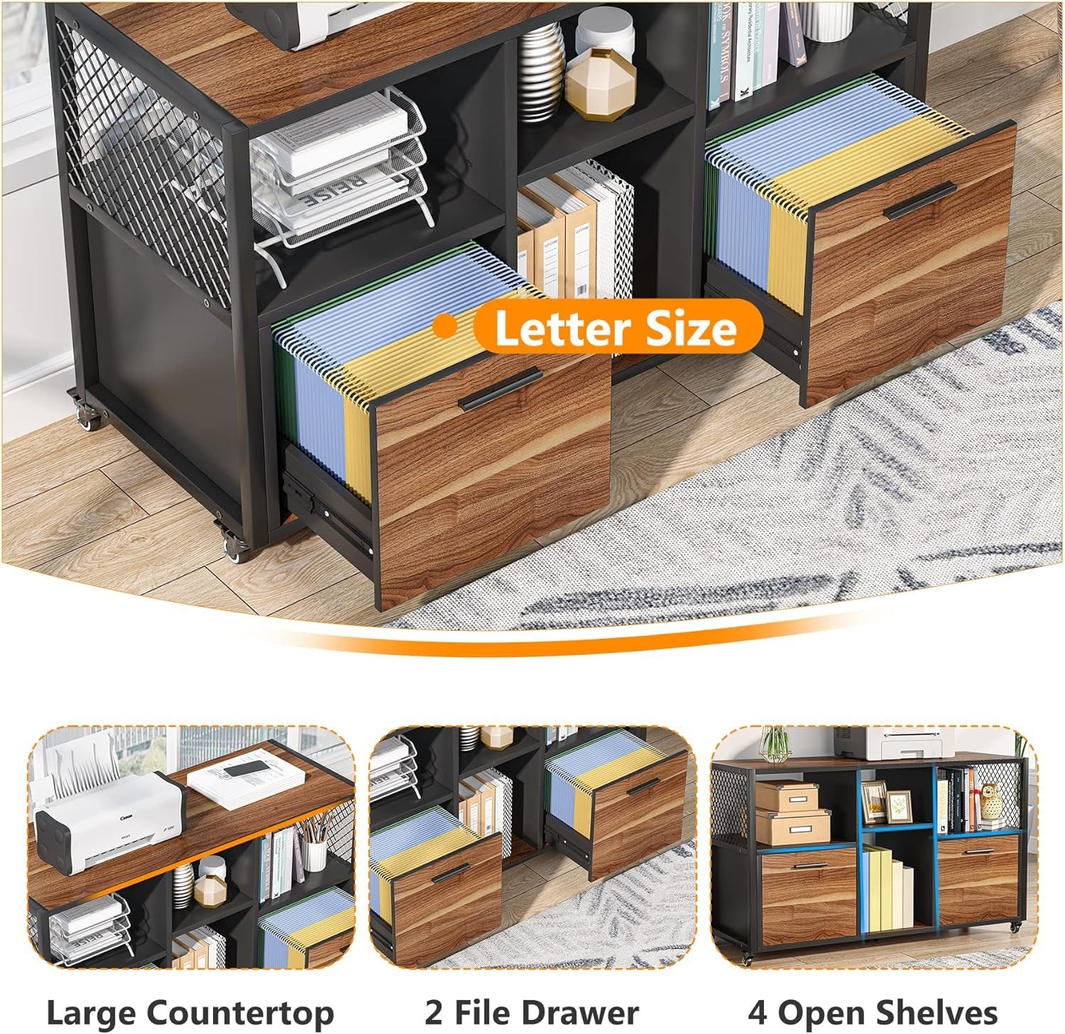 2 Drawer File Cabinet, Wood Mobile Lateral Filing Cabinet - Image 7