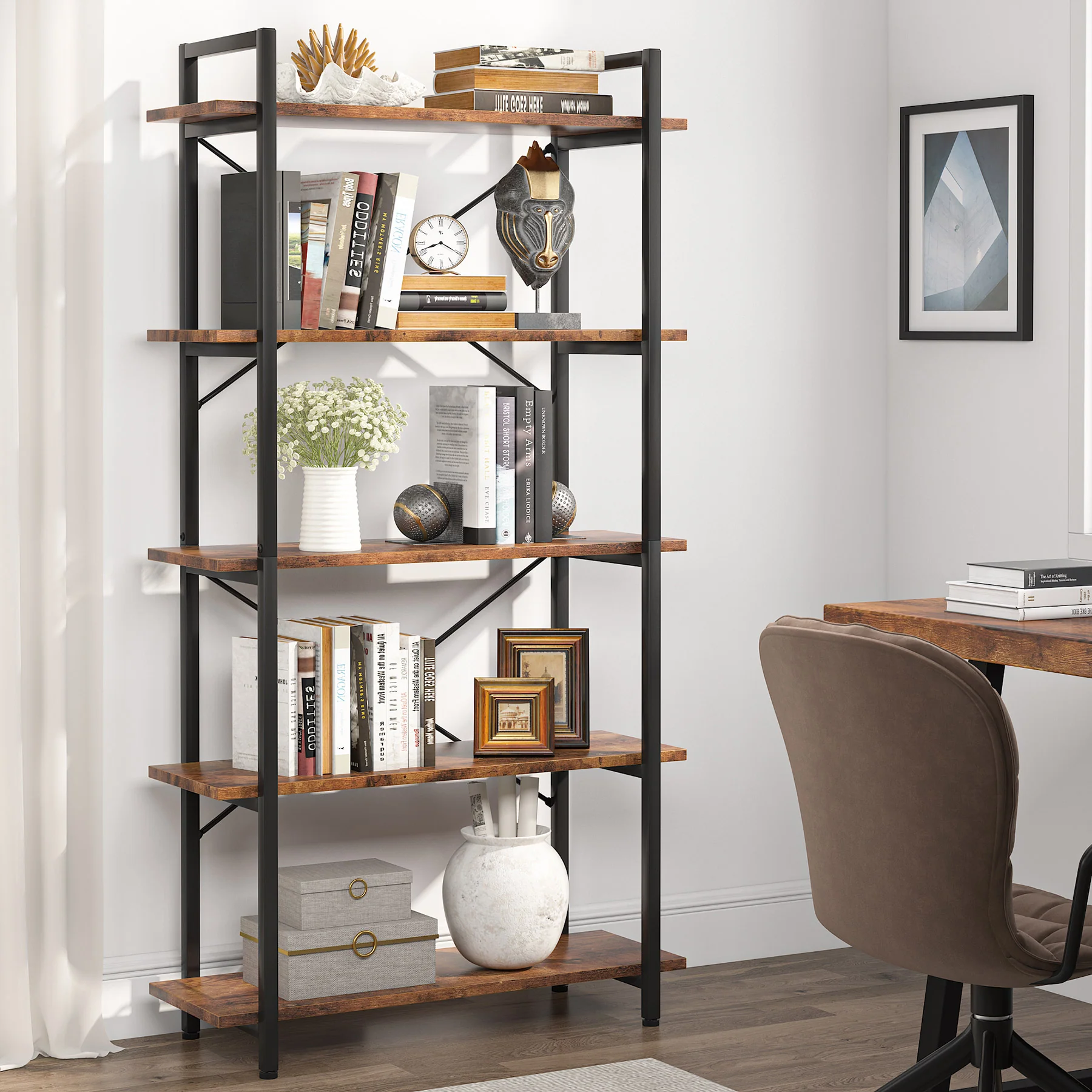 5-Tier Bookshelf, Industrial Etagere Brown Bookcase Display Shelf Unit - Image 3