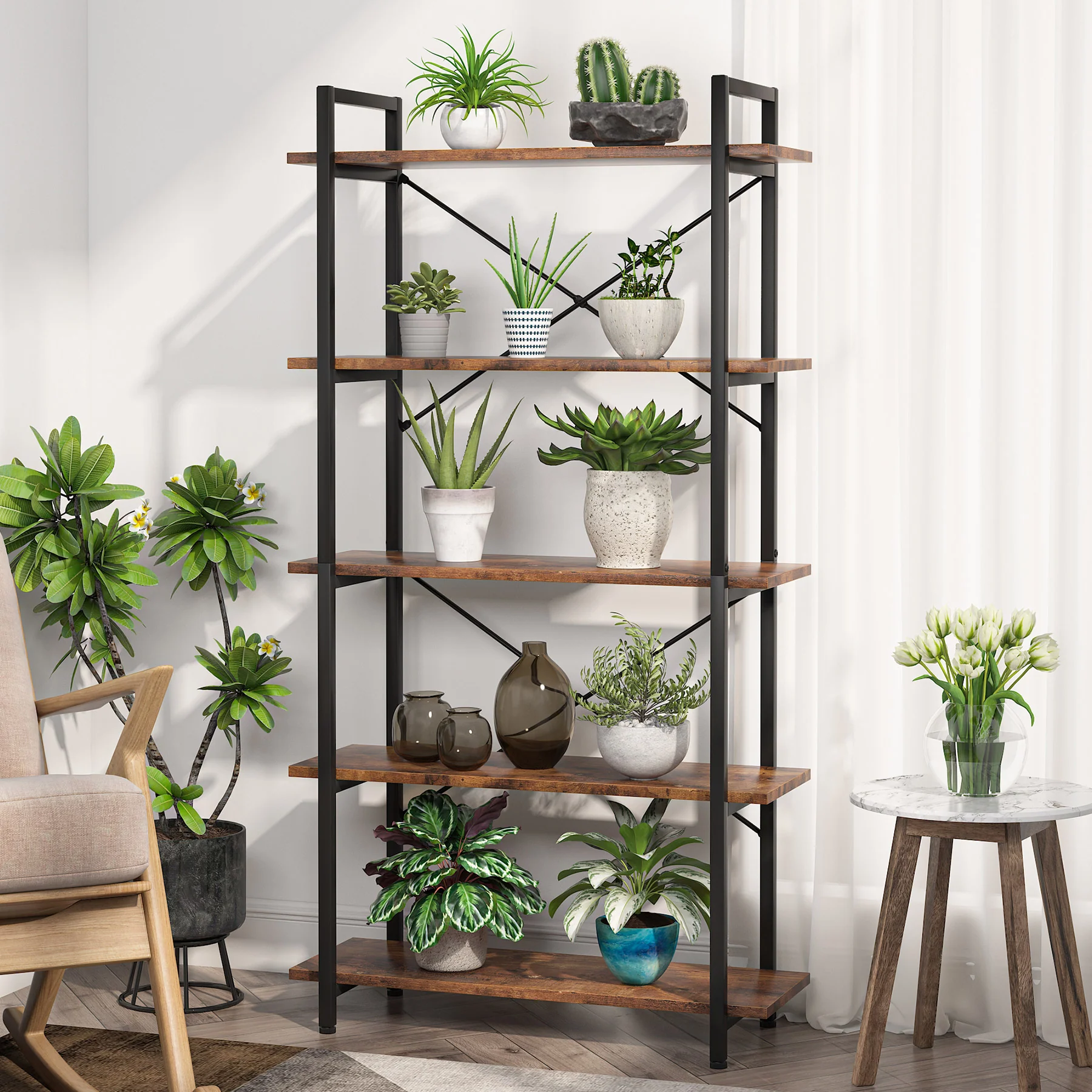 5-Tier Bookshelf, Industrial Etagere Brown Bookcase Display Shelf Unit - Image 4