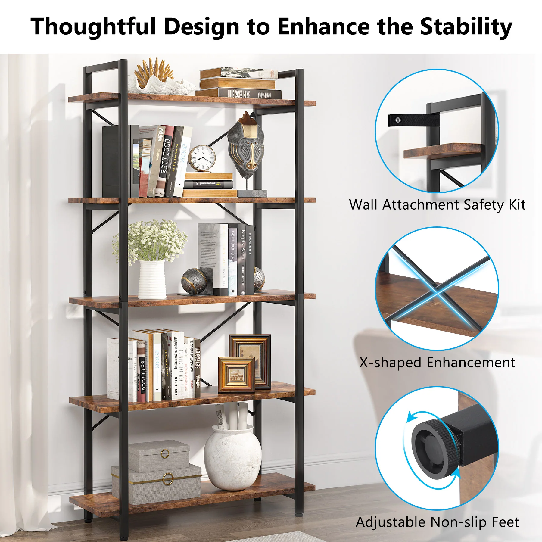 5-Tier Bookshelf, Industrial Etagere Brown Bookcase Display Shelf Unit - Image 5