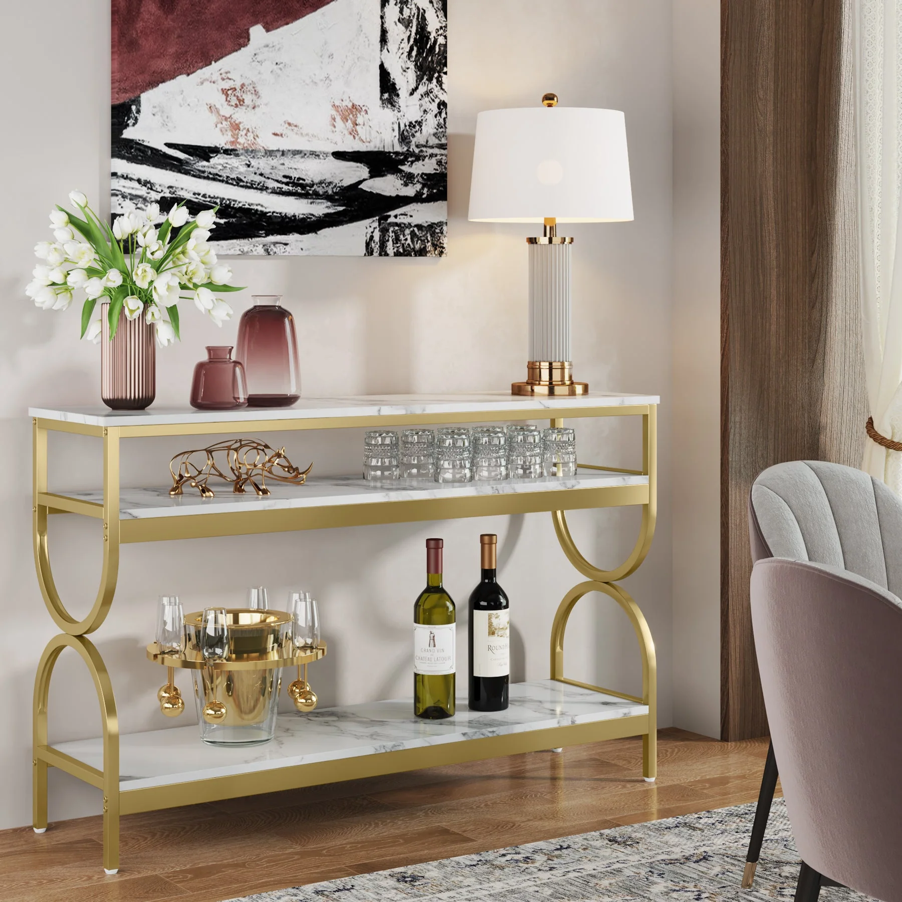 3-Tier Console Table, 55" Sofa Table with Storage Shelves - Image 4