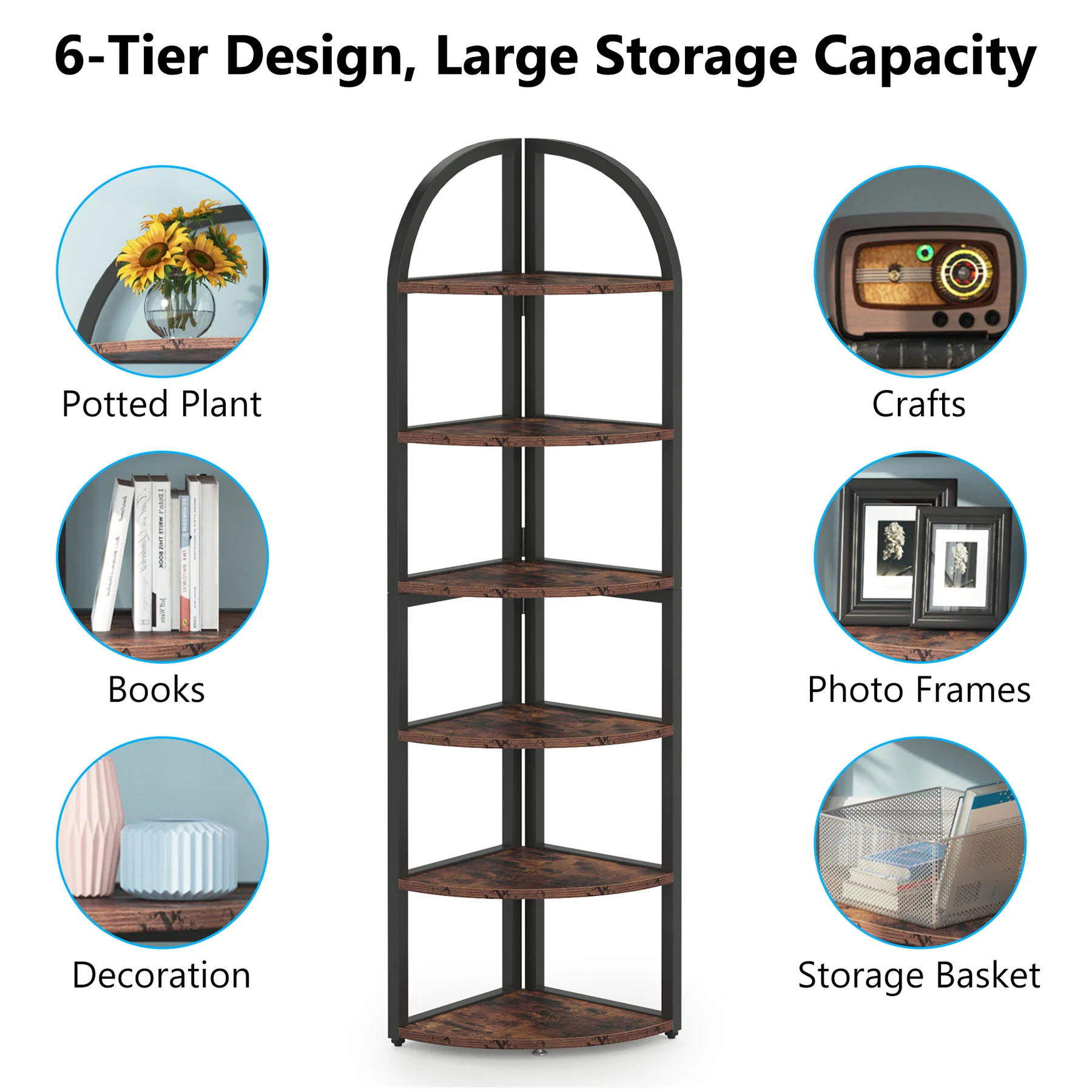 6-Tier Corner Shelf, 71 inch Tall Corner Bookshelf for Small Space - Image 5