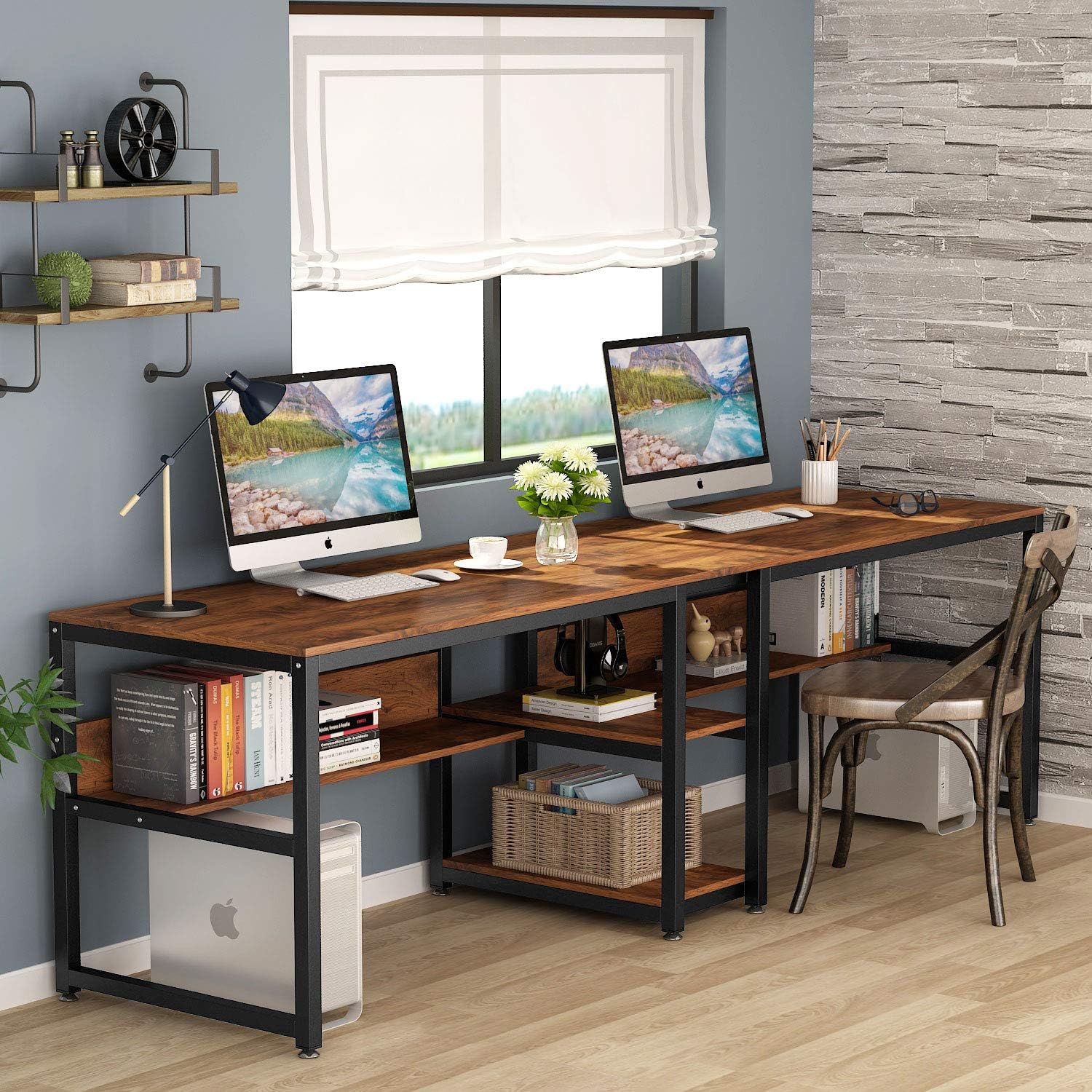 78.7" Two Person Desk, Computer Desk Double Workstation with Shelves - Image 3