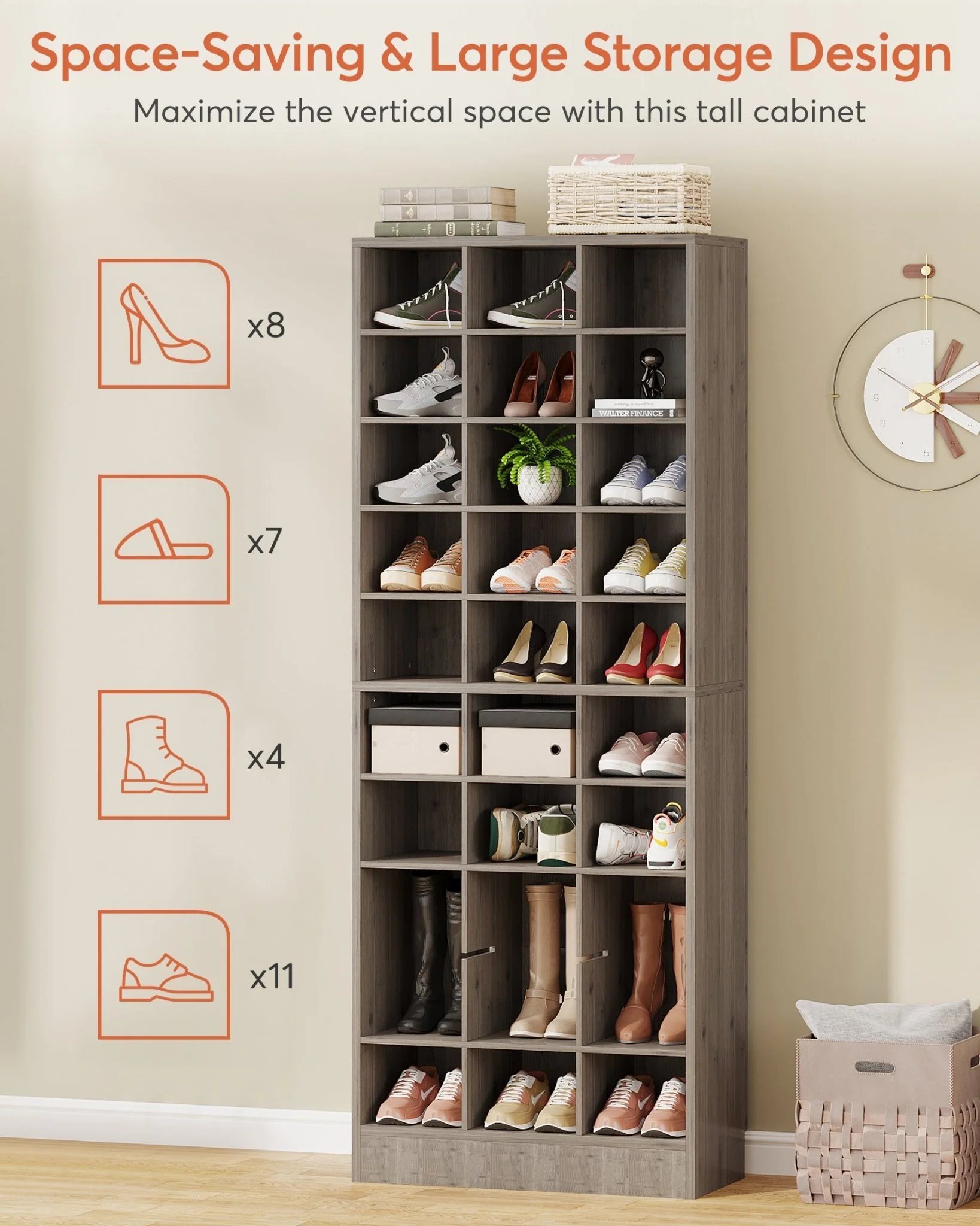 10-Tier Shoe Cabinet, Wooden Shoe Storage Rack with 30 Cubbies - Image 6