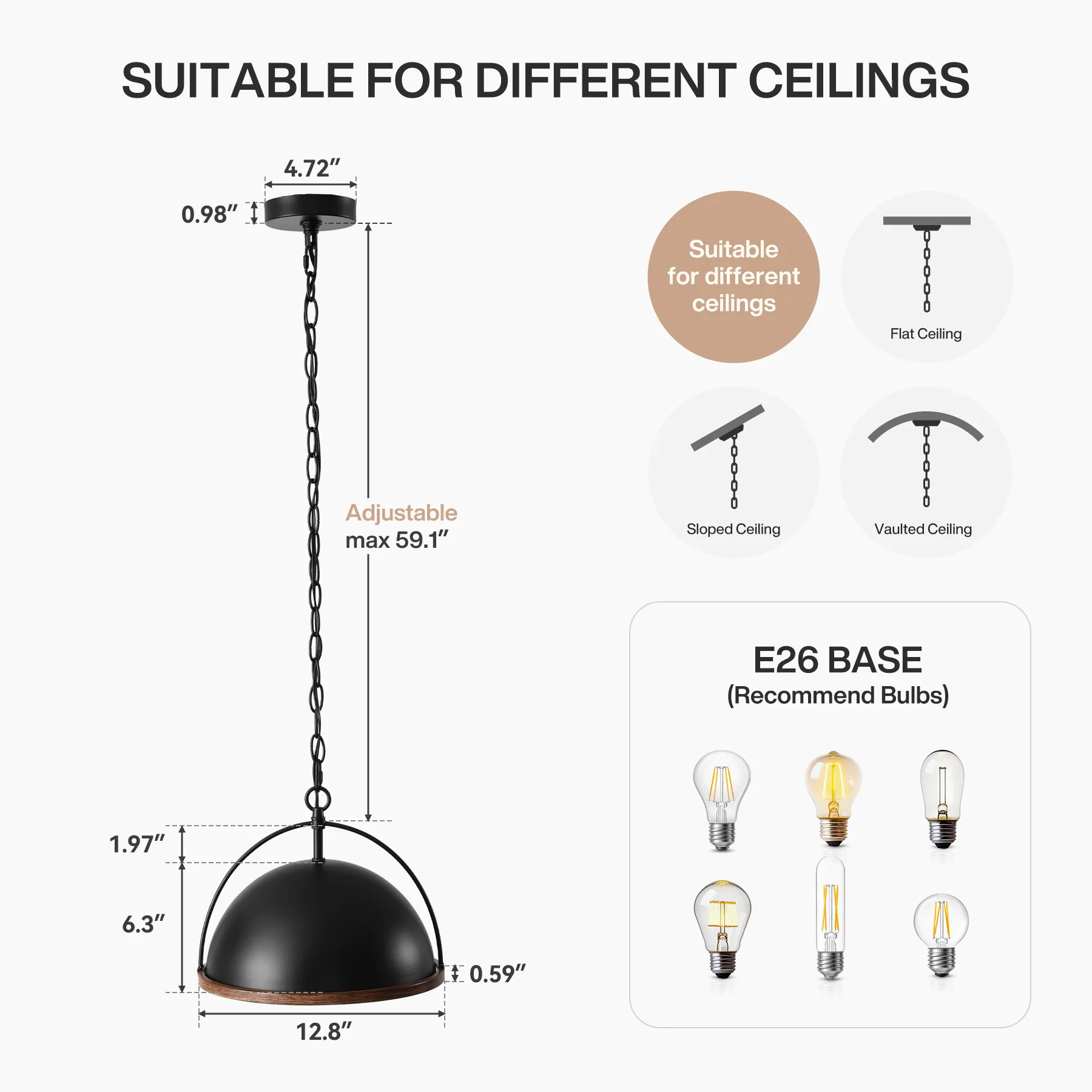 13" Pendant Lights, 1-Light Industrial Ceiling Lights With Adjustable Height - Image 2