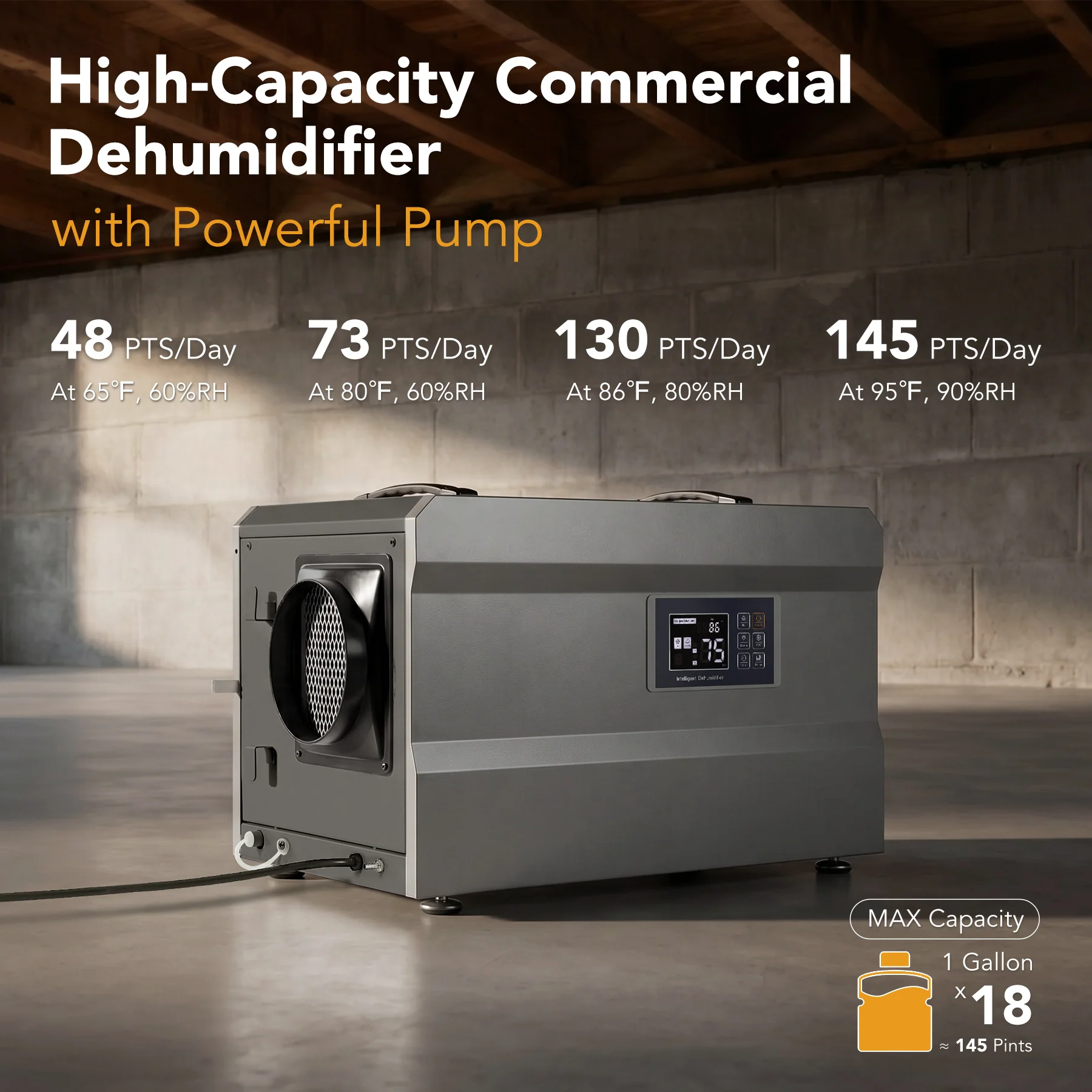 145 Pints Commercial Dehumidifier with Pump & Drain Hose for 1600 Sq. Ft, Auto Defrost, Washable Filter - Image 3
