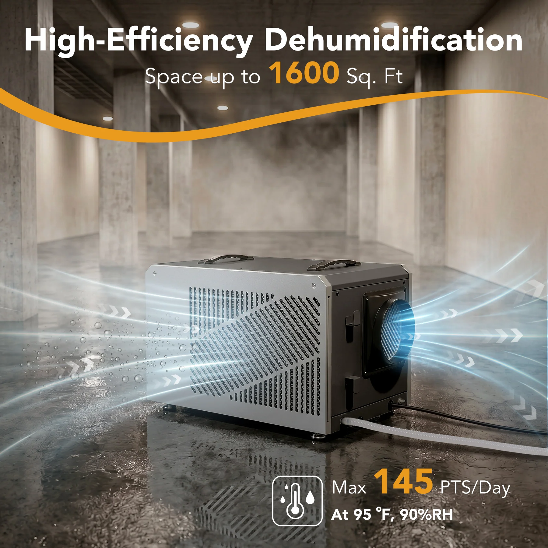 145 Pints Commercial Dehumidifier with Pump & Drain Hose for 1600 Sq. Ft, Auto Defrost, Washable Filter - Image 5