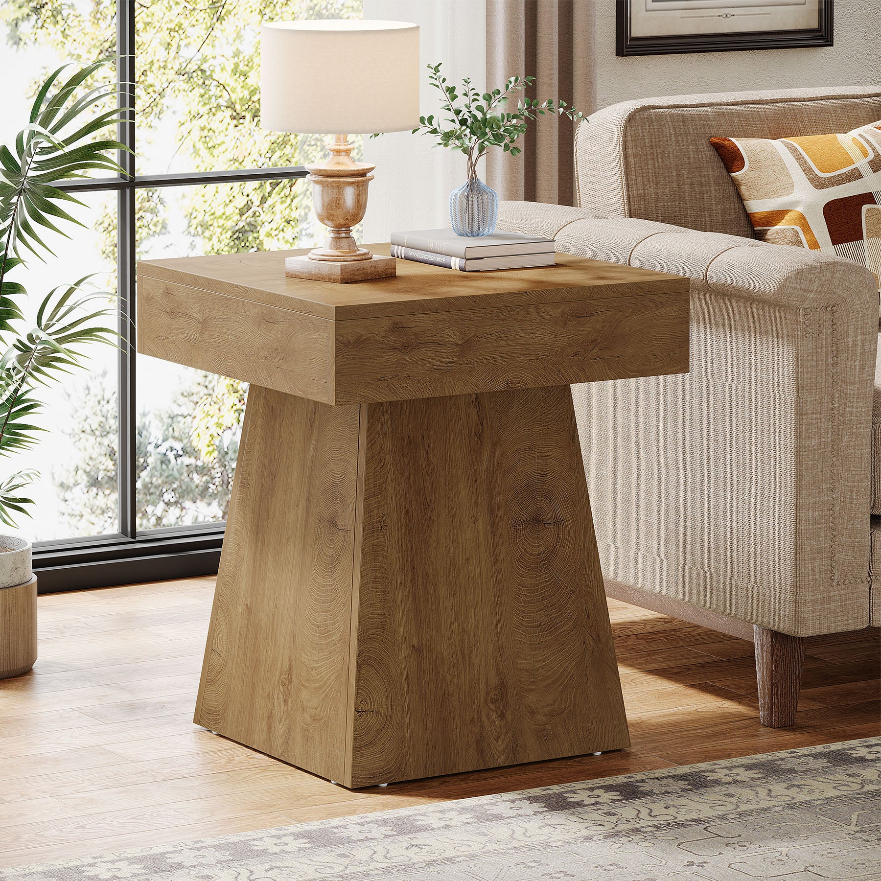 16.9" Farmhouse End Table, Square Side Table Nightstand with Wide Base - Image 3