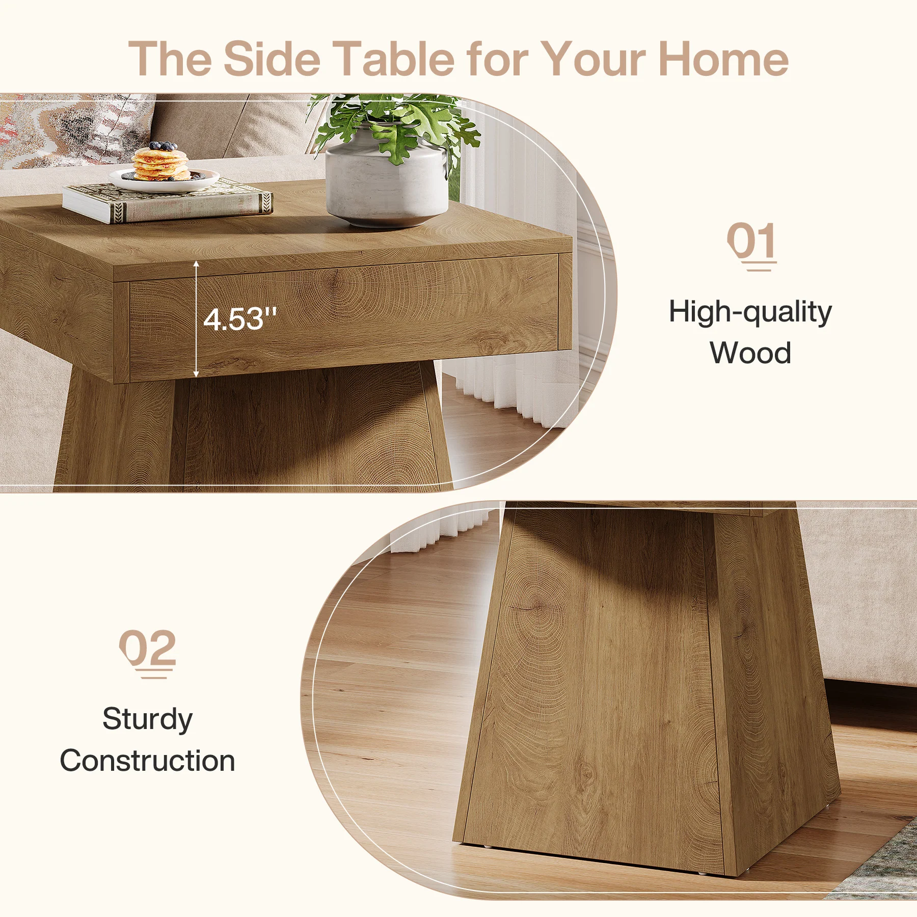 16.9" Farmhouse End Table, Square Side Table Nightstand with Wide Base - Image 6