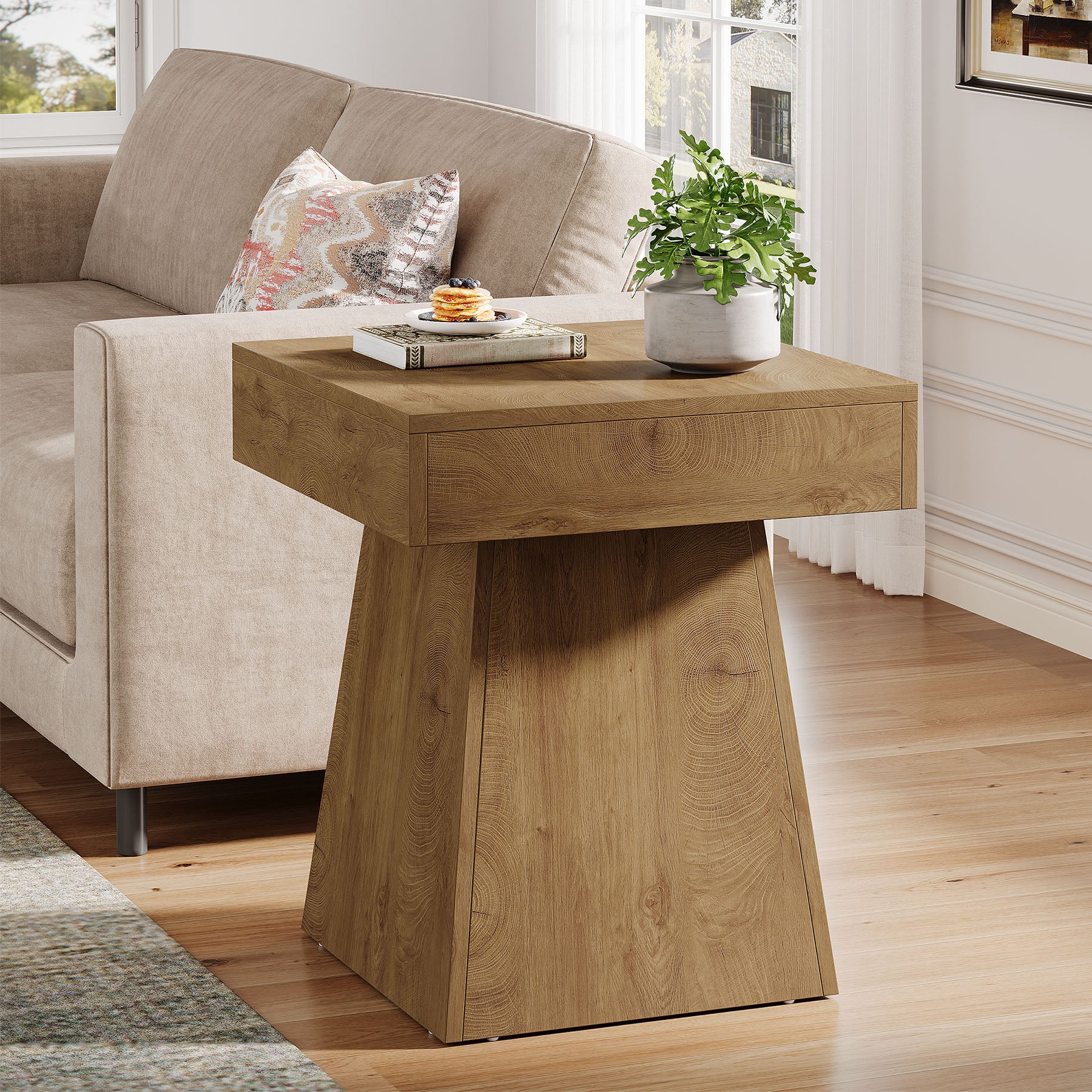 16.9" Farmhouse End Table, Square Side Table Nightstand with Wide Base - Image 8