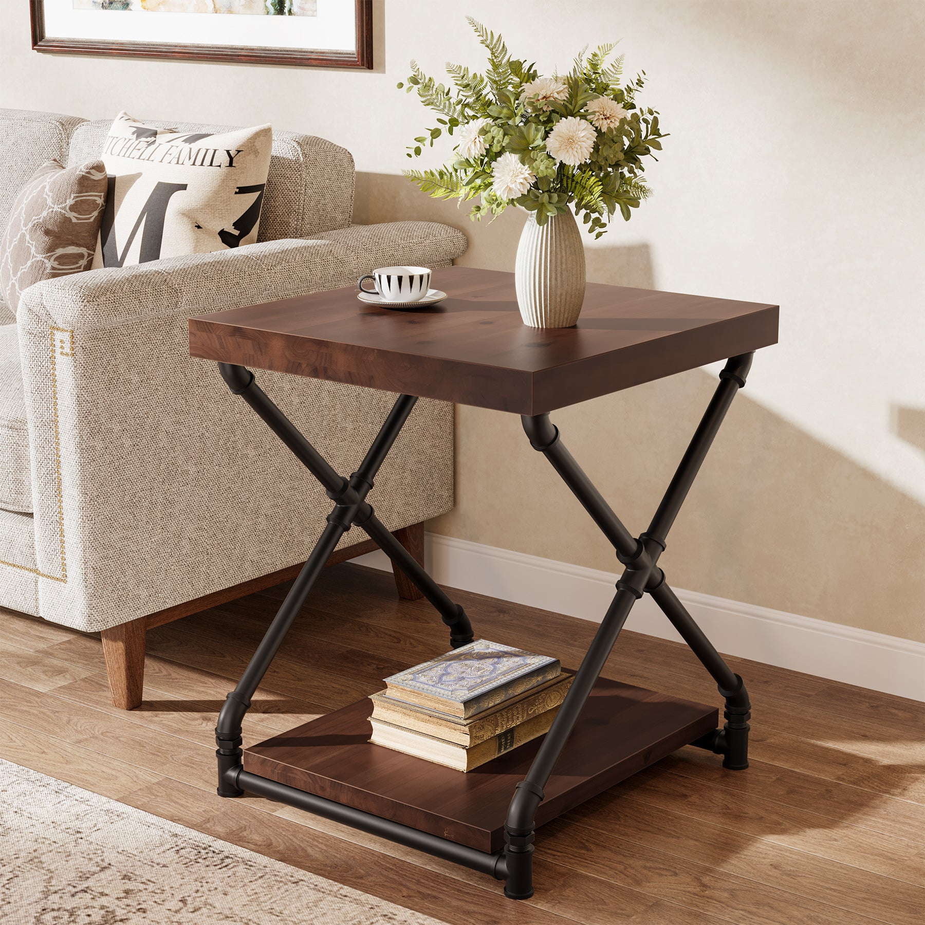 19.68" Solid Wood End Table, Sofa Side Table with Storage Shelf for Living Room