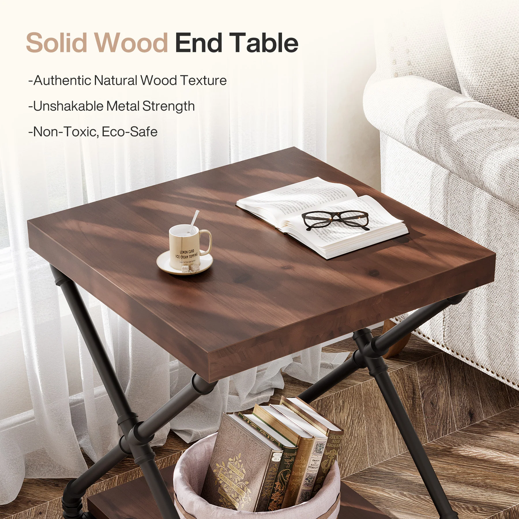 19.68" Solid Wood End Table, Sofa Side Table with Storage Shelf for Living Room - Image 6