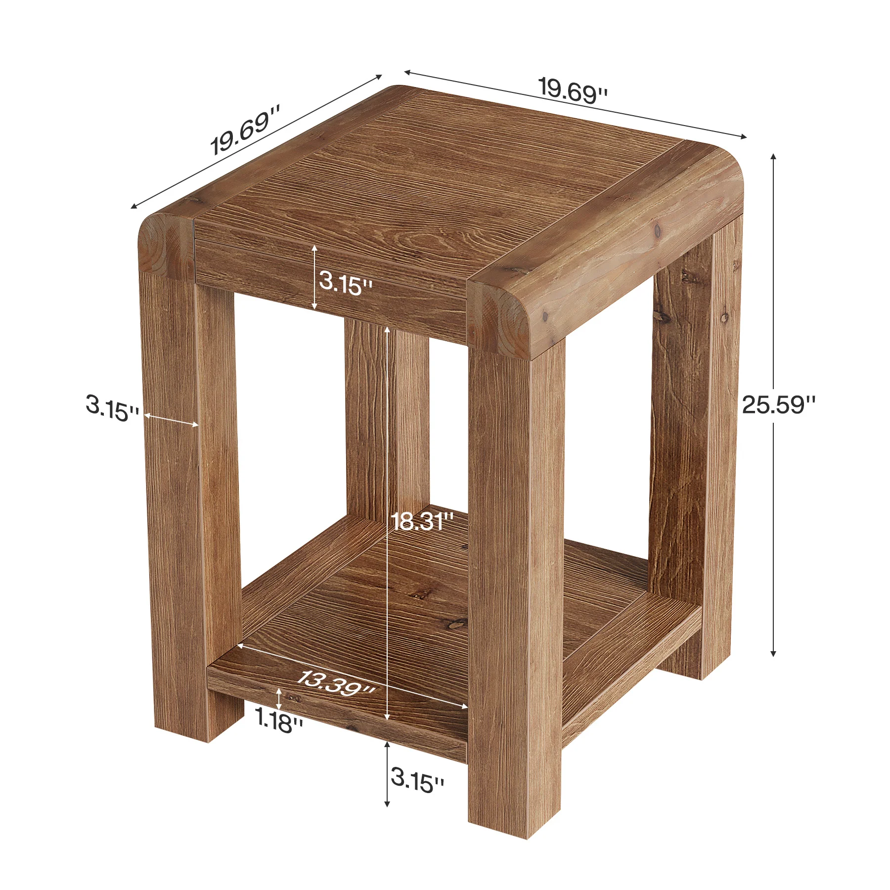19.7" Solid Wood End Table, Square Side Table with 2-Tier Storage Shelf for Small Spaces - Image 2