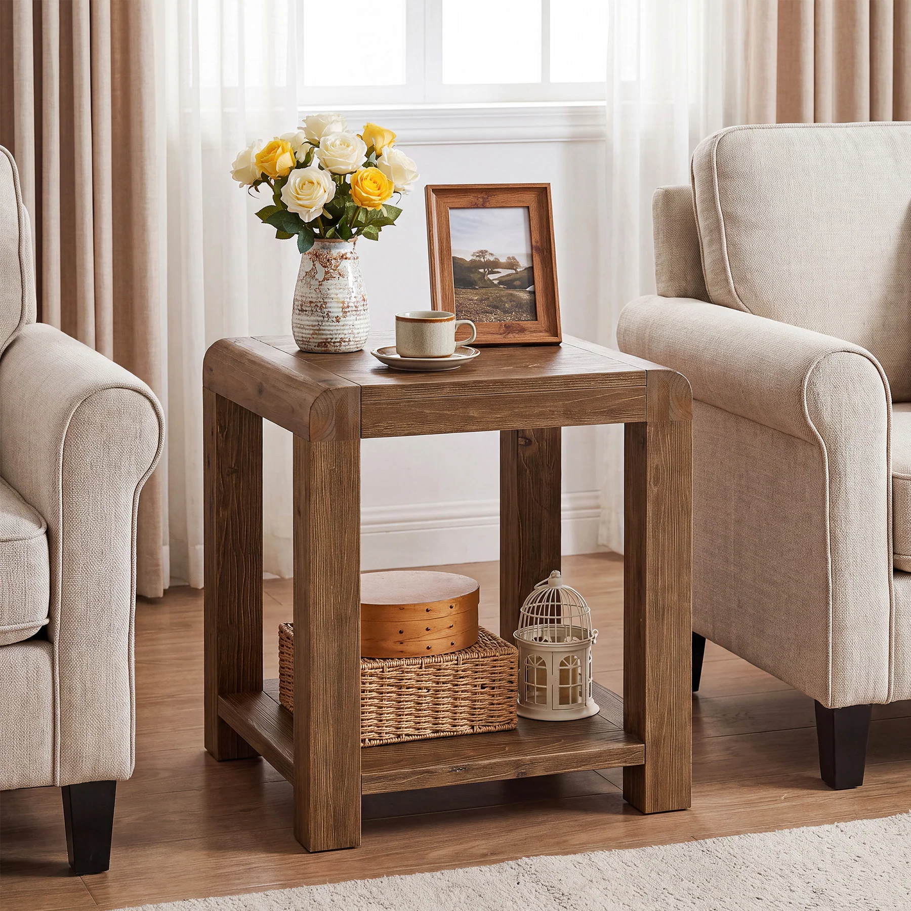 19.7" Solid Wood End Table, Square Side Table with 2-Tier Storage Shelf for Small Spaces - Image 3