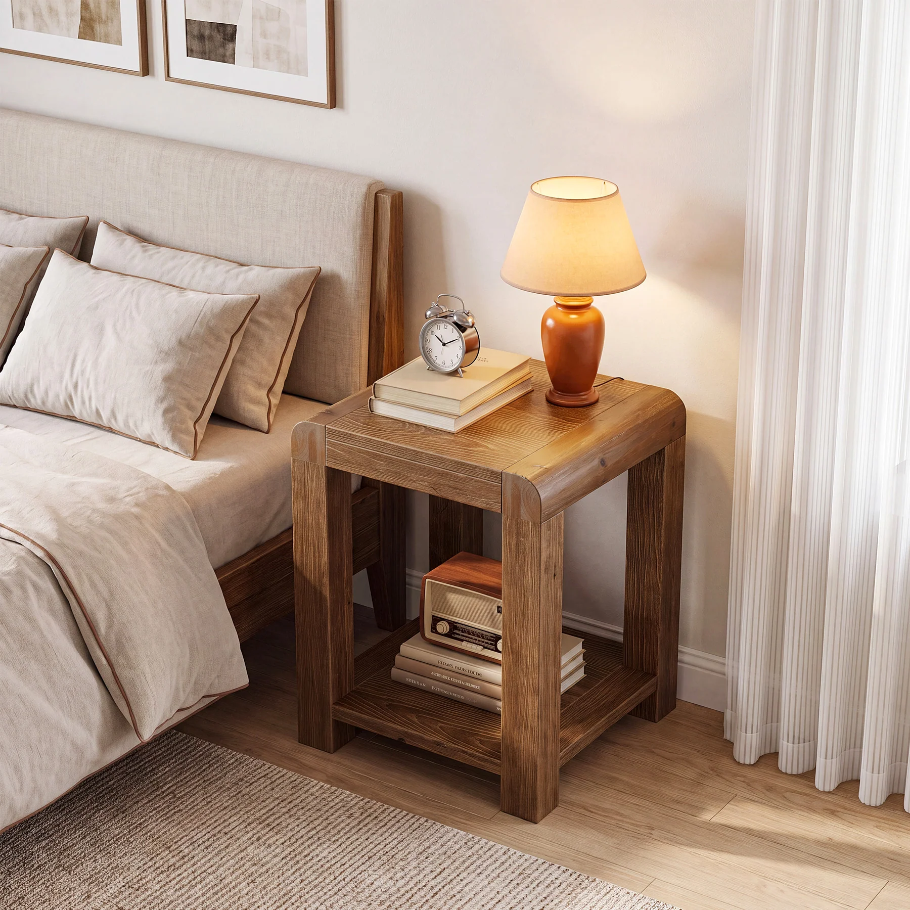 19.7" Solid Wood End Table, Square Side Table with 2-Tier Storage Shelf for Small Spaces - Image 4