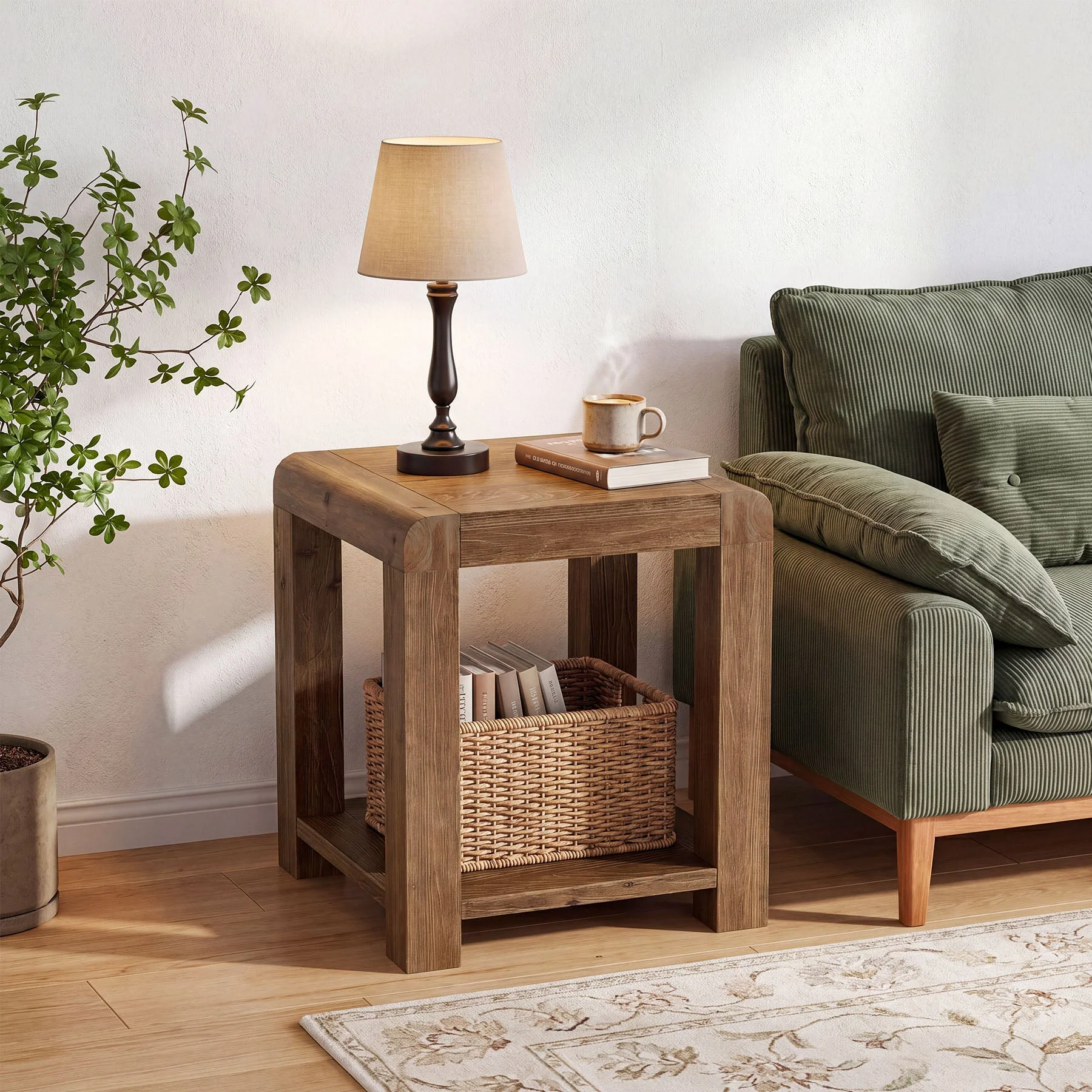 19.7" Solid Wood End Table, Square Side Table with 2-Tier Storage Shelf for Small Spaces - Image 5