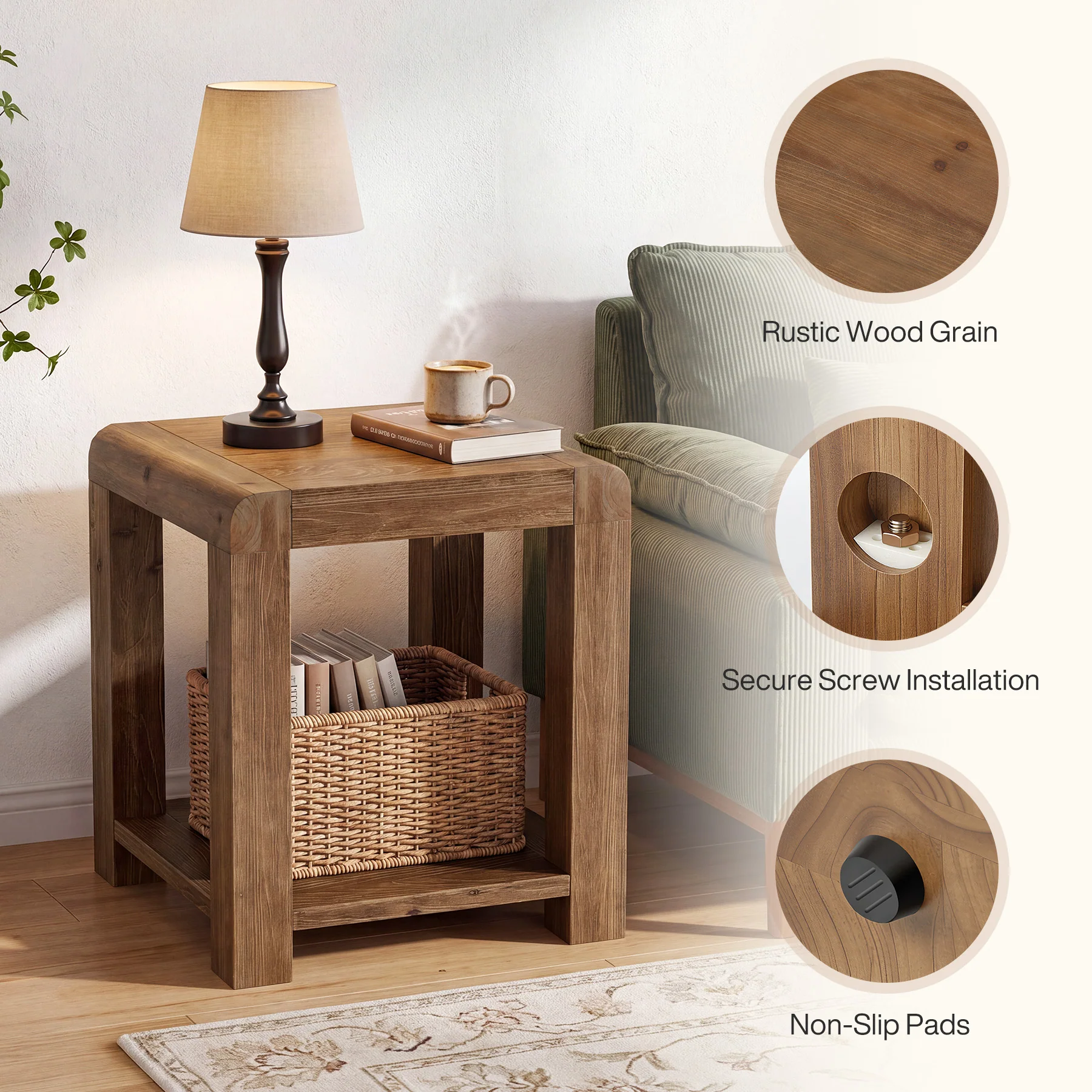 19.7" Solid Wood End Table, Square Side Table with 2-Tier Storage Shelf for Small Spaces - Image 6