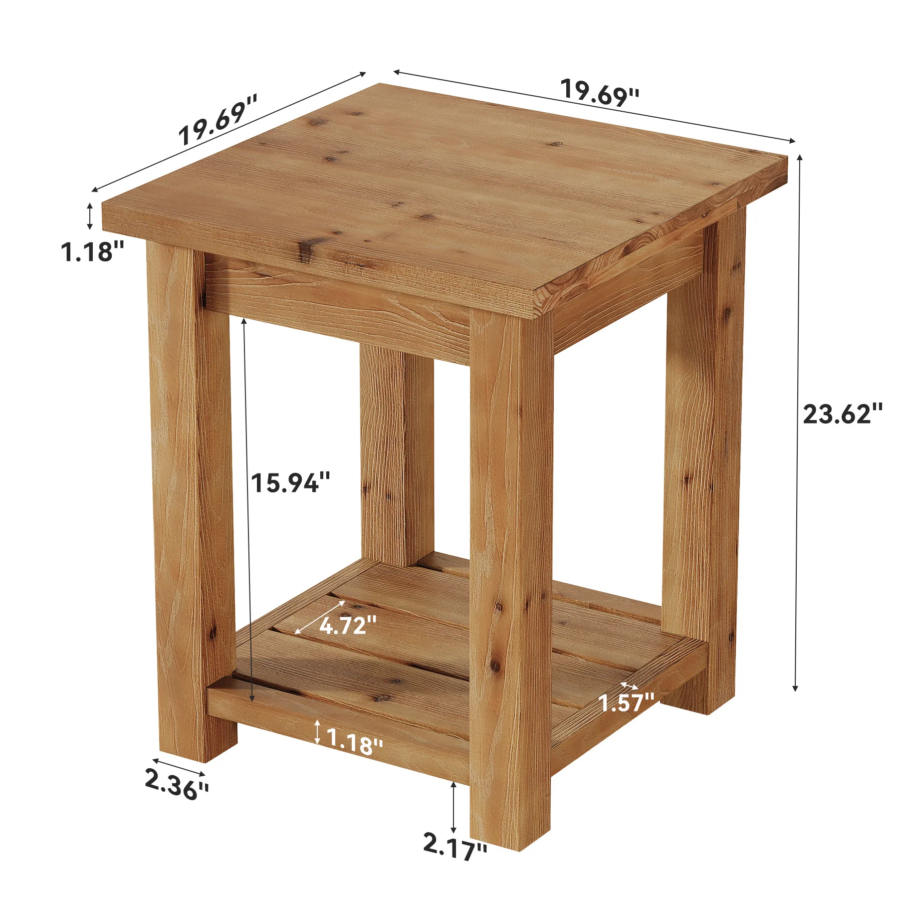 19.7" Solid Wood End Table, Square Side Table with Storage Shelves for Living Room - Image 2