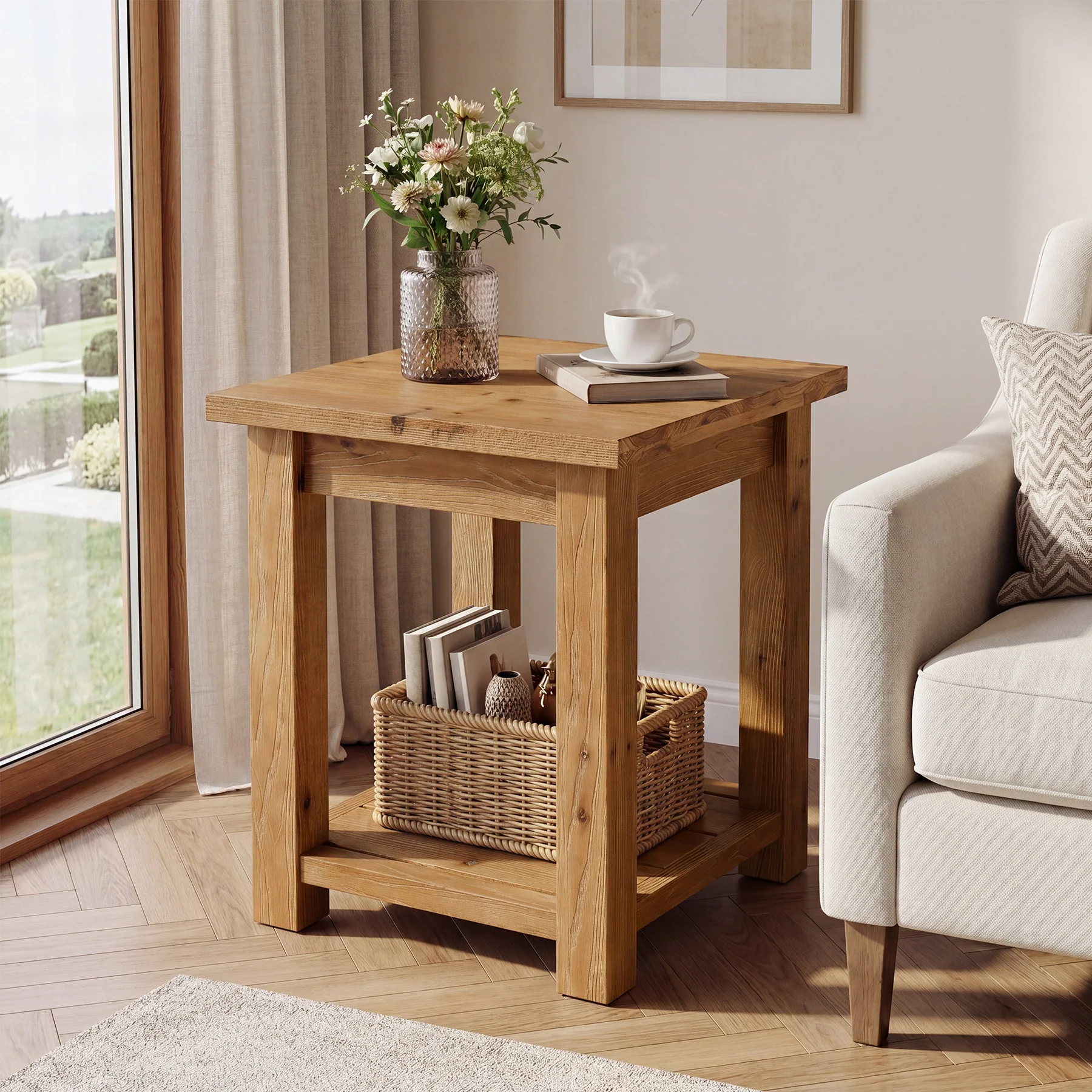 19.7" Solid Wood End Table, Square Side Table with Storage Shelves for Living Room - Image 3
