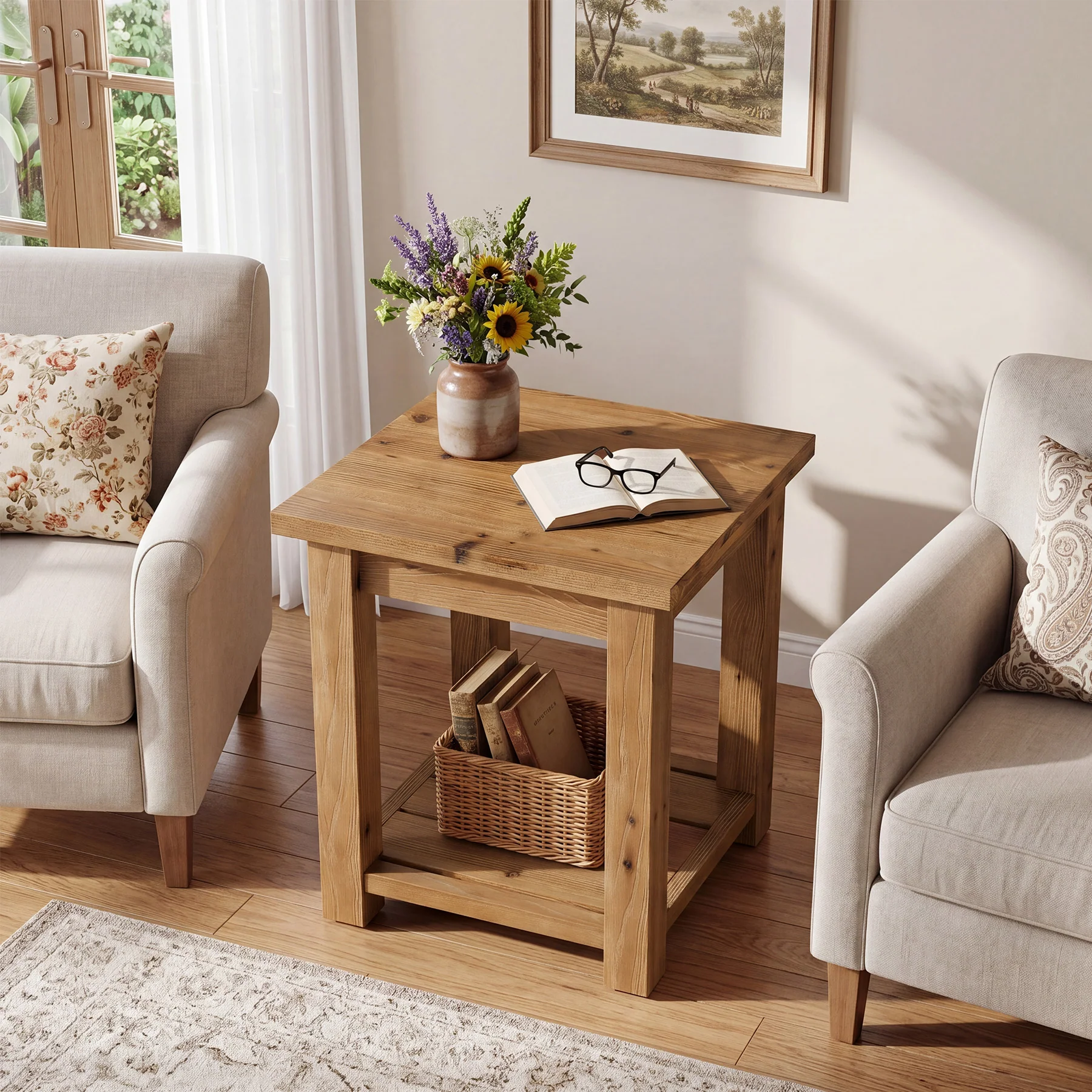 19.7" Solid Wood End Table, Square Side Table with Storage Shelves for Living Room - Image 4