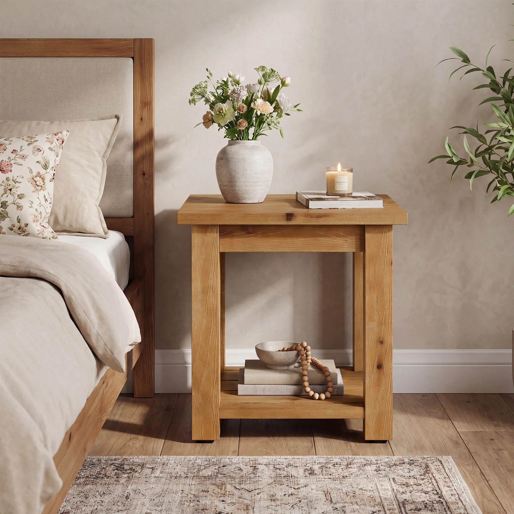 19.7" Solid Wood End Table, Square Side Table with Storage Shelves for Living Room - Image 5