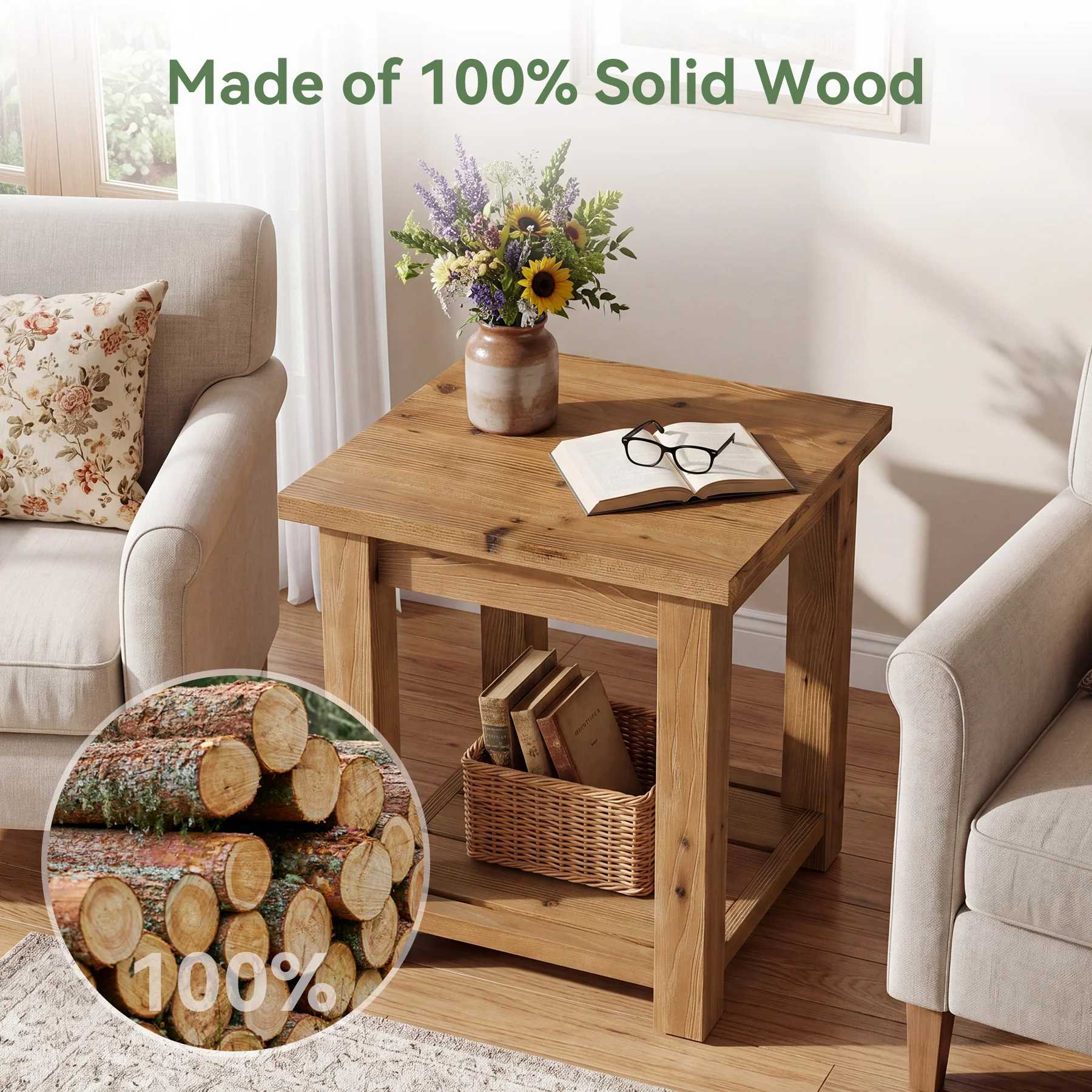 19.7" Solid Wood End Table, Square Side Table with Storage Shelves for Living Room - Image 6