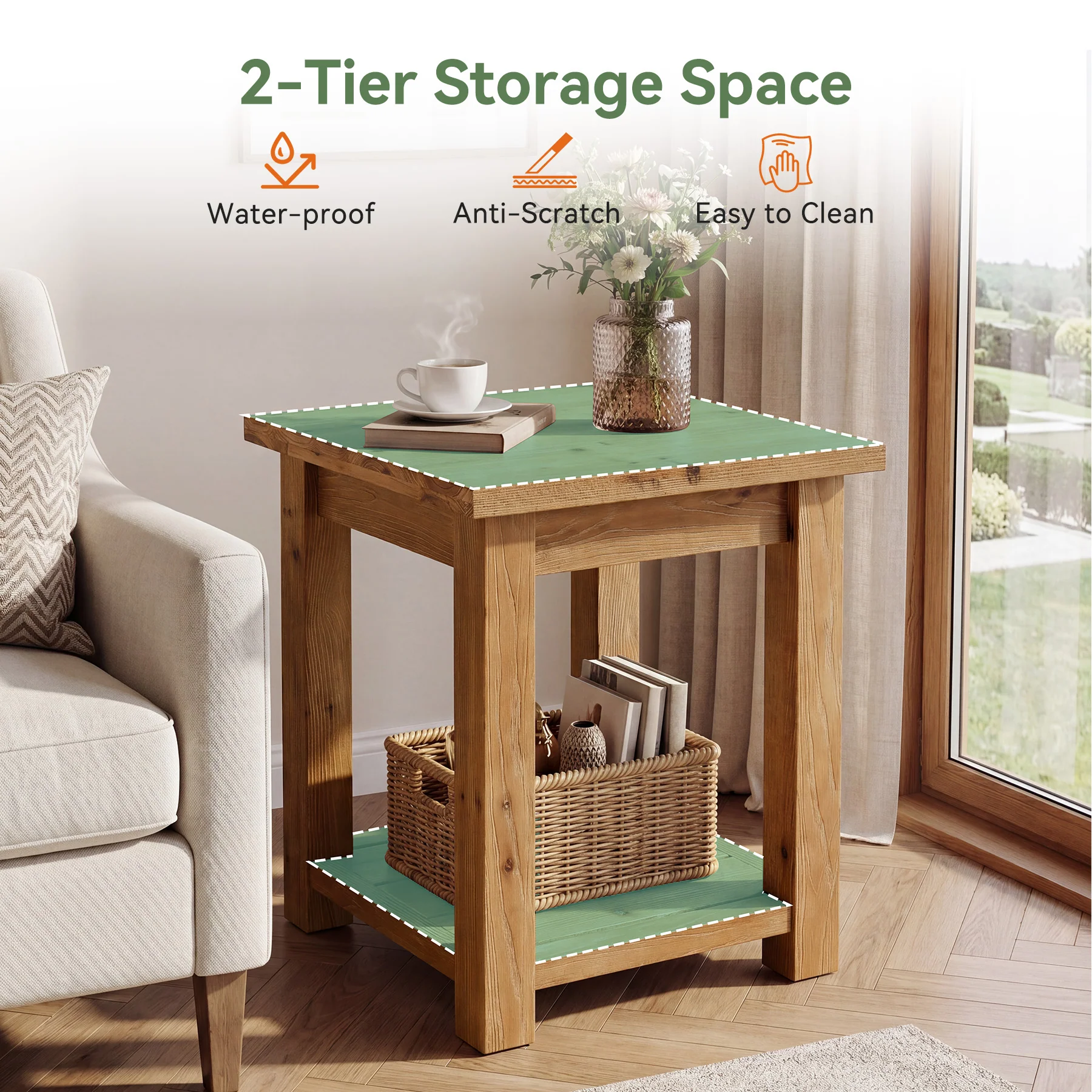 19.7" Solid Wood End Table, Square Side Table with Storage Shelves for Living Room - Image 7