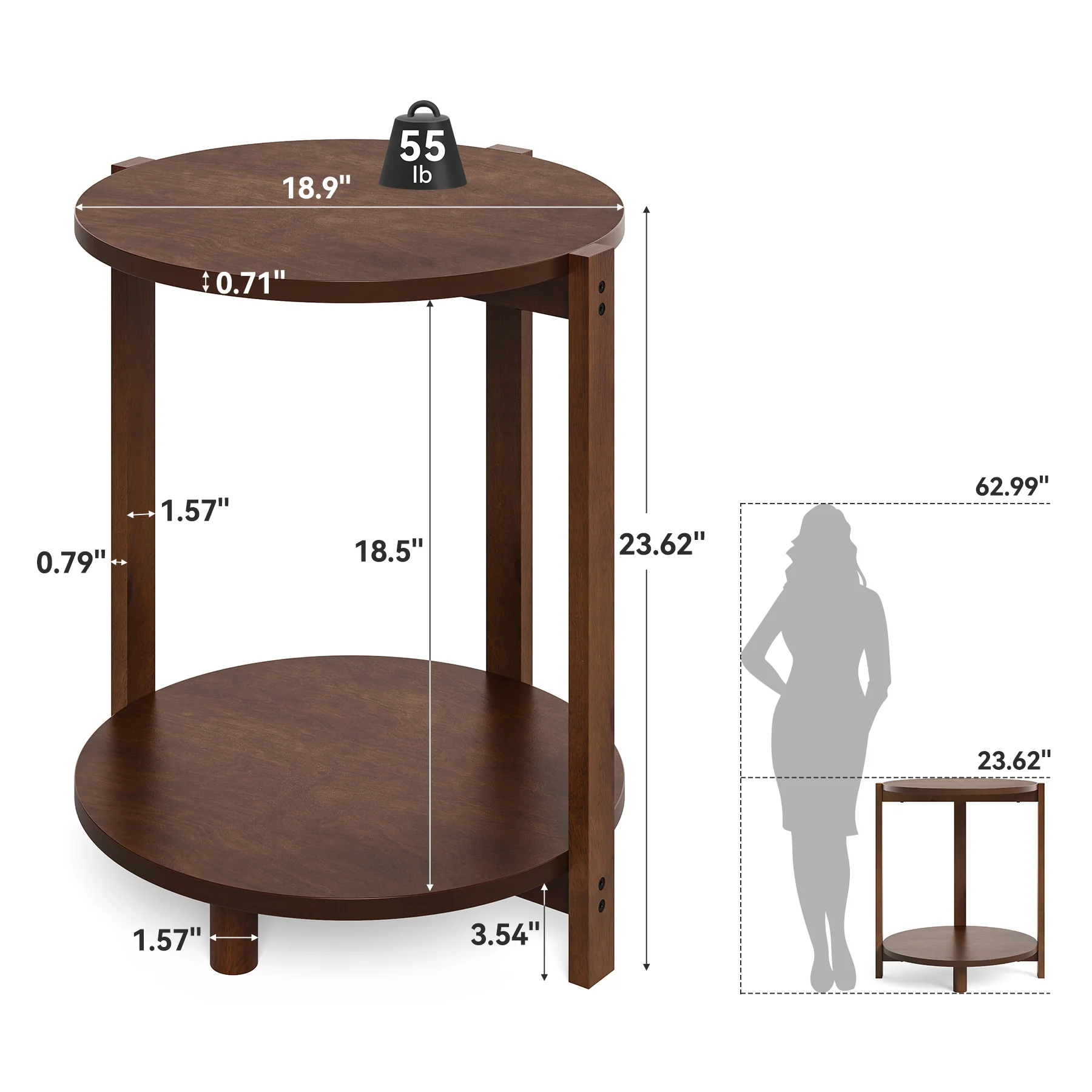 Solid Wood Side Table, 19" Round End Table with 2-Tier Storage - Image 2