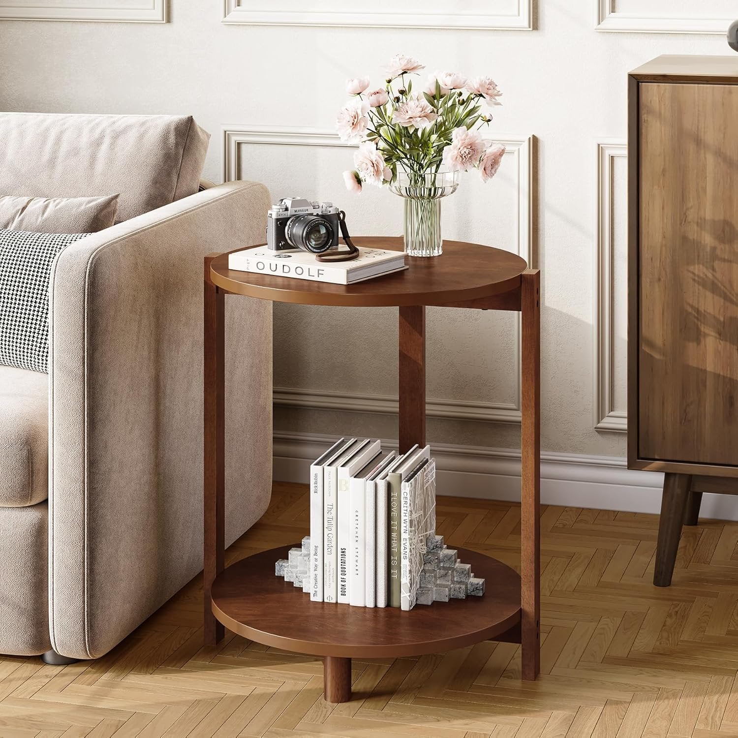 Solid Wood Side Table, 19" Round End Table with 2-Tier Storage - Image 3