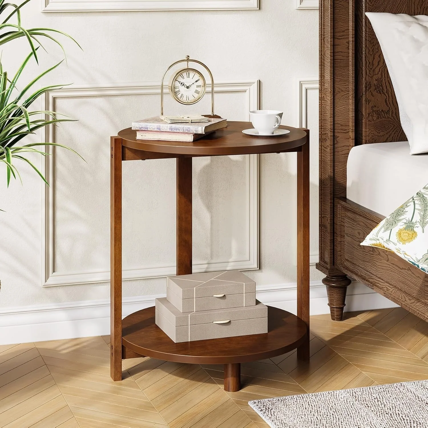 Solid Wood Side Table, 19" Round End Table with 2-Tier Storage - Image 4