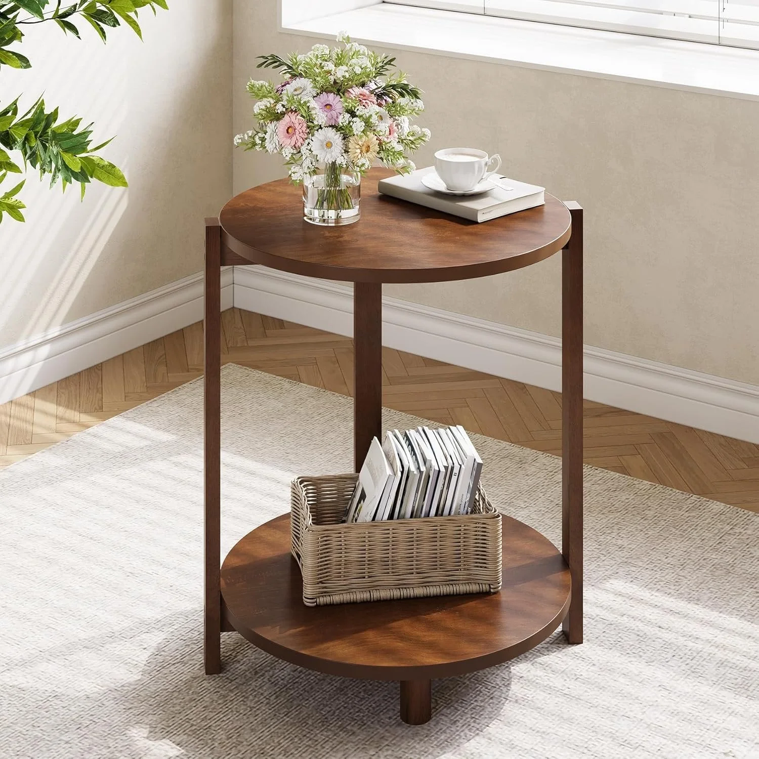 Solid Wood Side Table, 19" Round End Table with 2-Tier Storage - Image 5