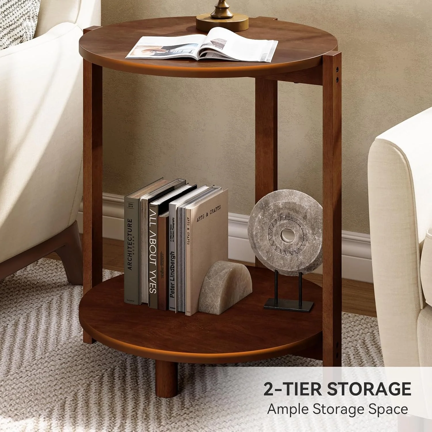Solid Wood Side Table, 19" Round End Table with 2-Tier Storage - Image 6
