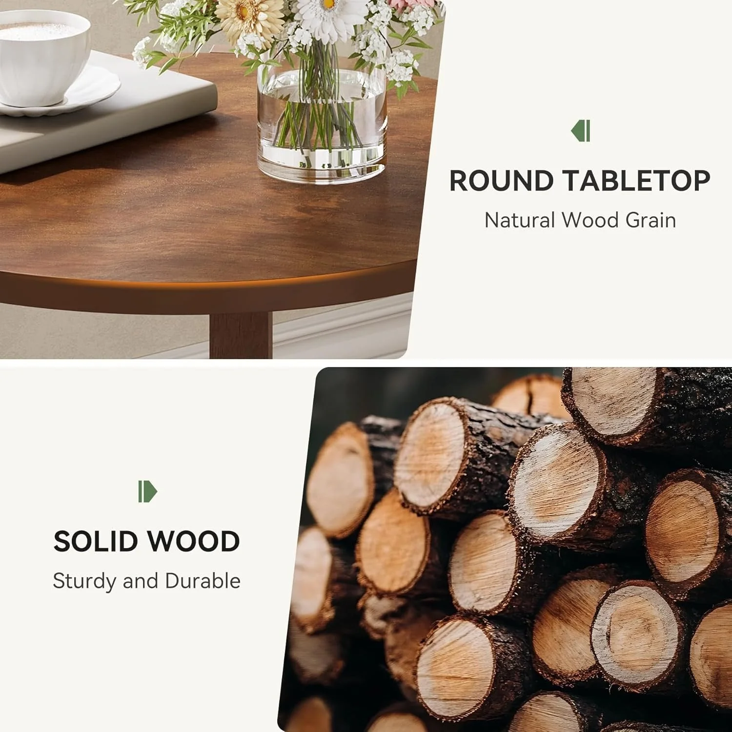 Solid Wood Side Table, 19" Round End Table with 2-Tier Storage - Image 7