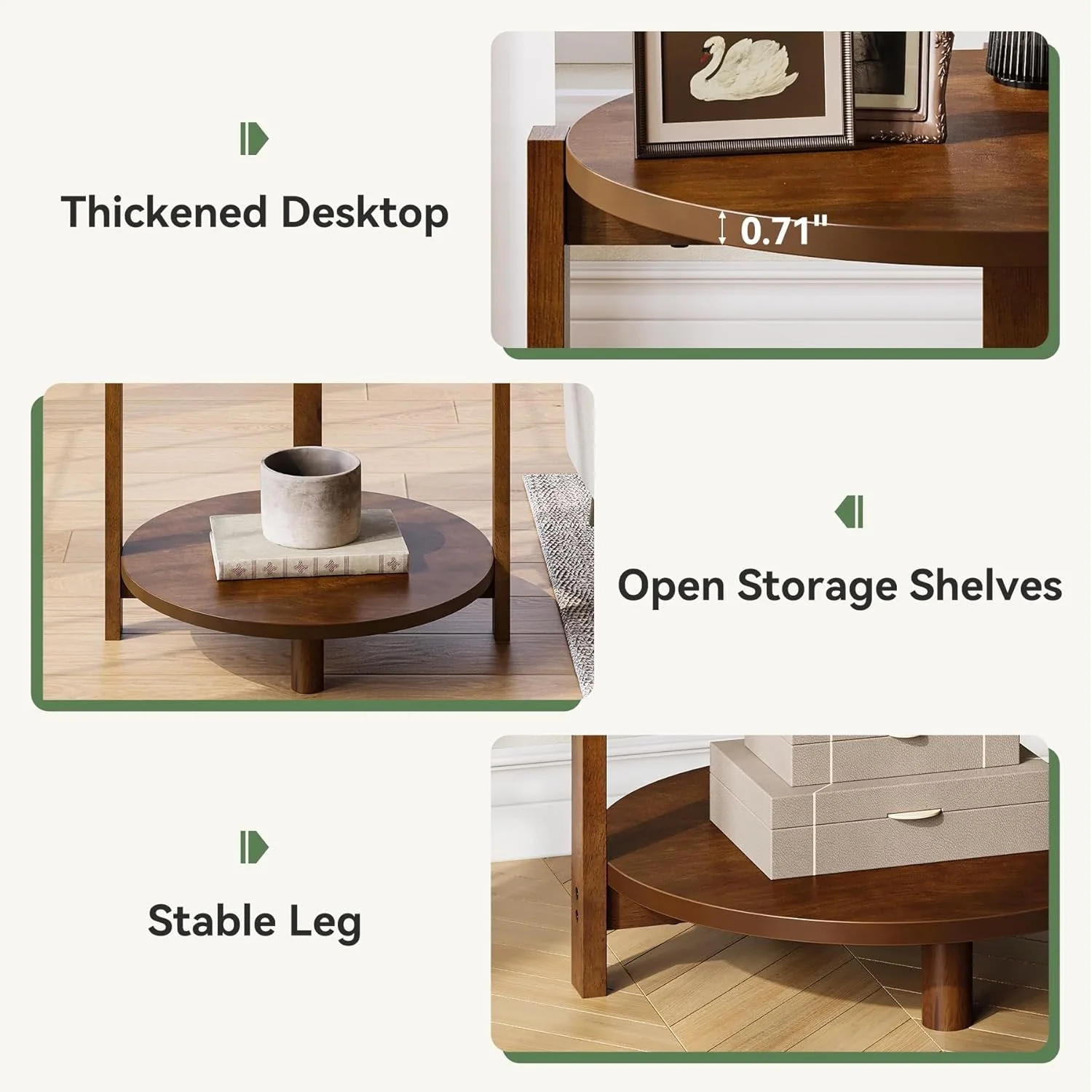 Solid Wood Side Table, 19" Round End Table with 2-Tier Storage - Image 8