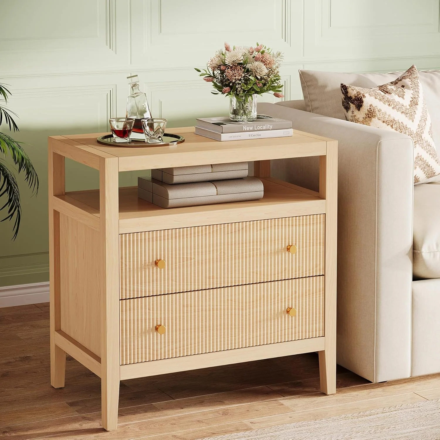 29.5" Farmhouse Nightstand, 2-Drawer Wide Bedside Table with Open Storage Shelf - Image 3