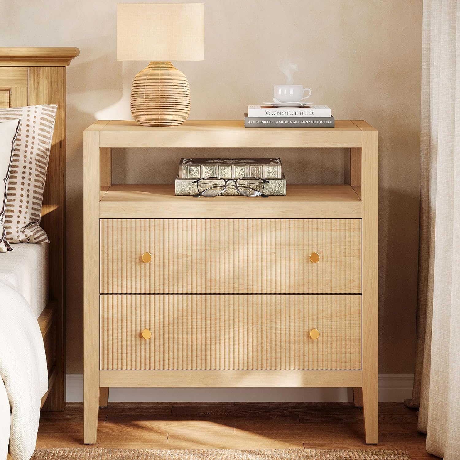 29.5" Farmhouse Nightstand, 2-Drawer Wide Bedside Table with Open Storage Shelf - Image 4