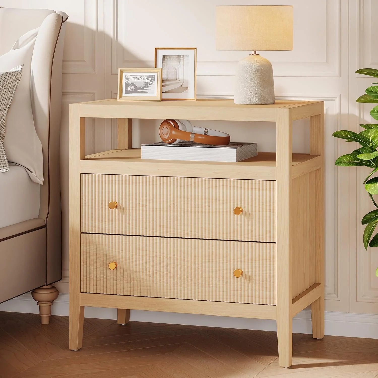 29.5" Farmhouse Nightstand, 2-Drawer Wide Bedside Table with Open Storage Shelf - Image 5