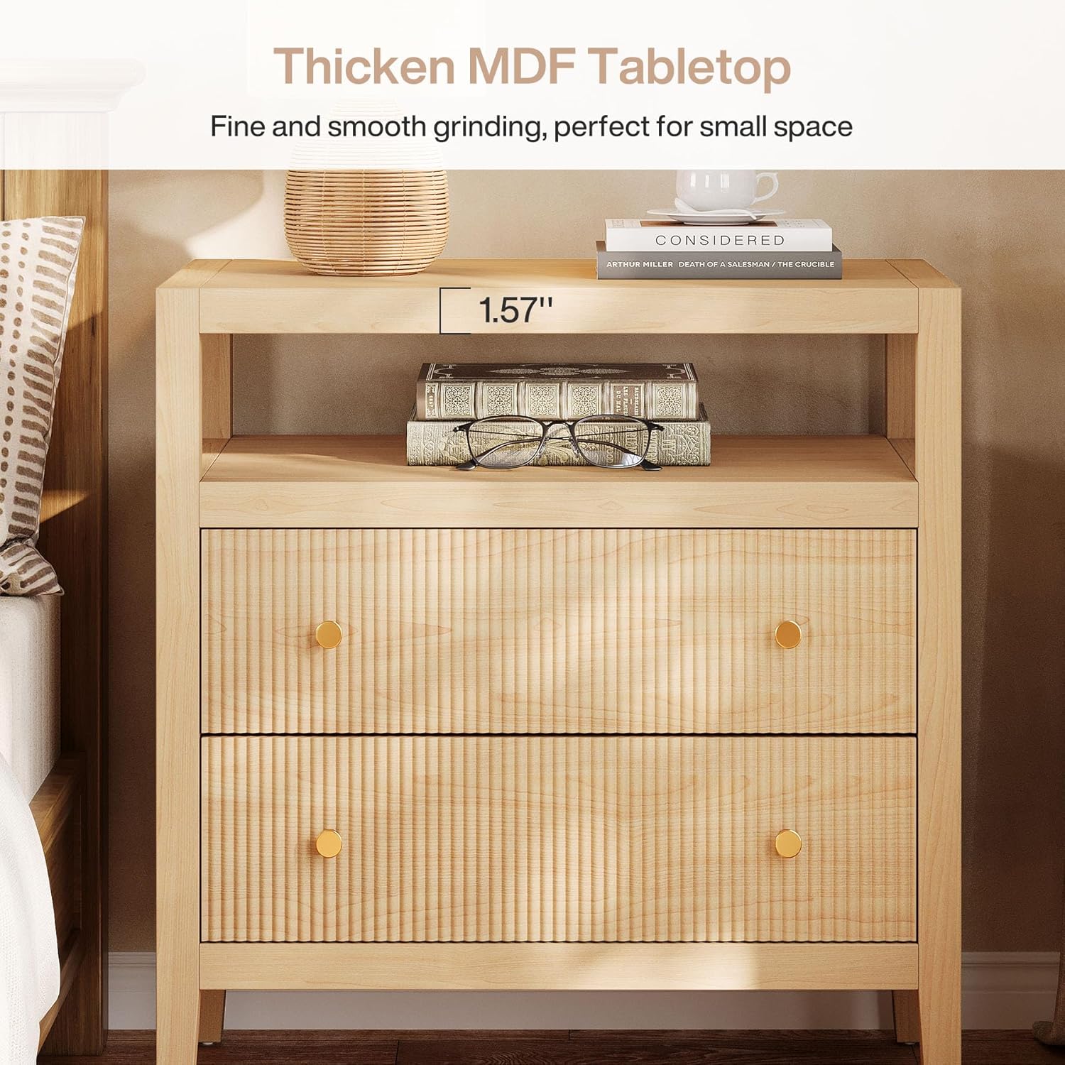 29.5" Farmhouse Nightstand, 2-Drawer Wide Bedside Table with Open Storage Shelf - Image 7