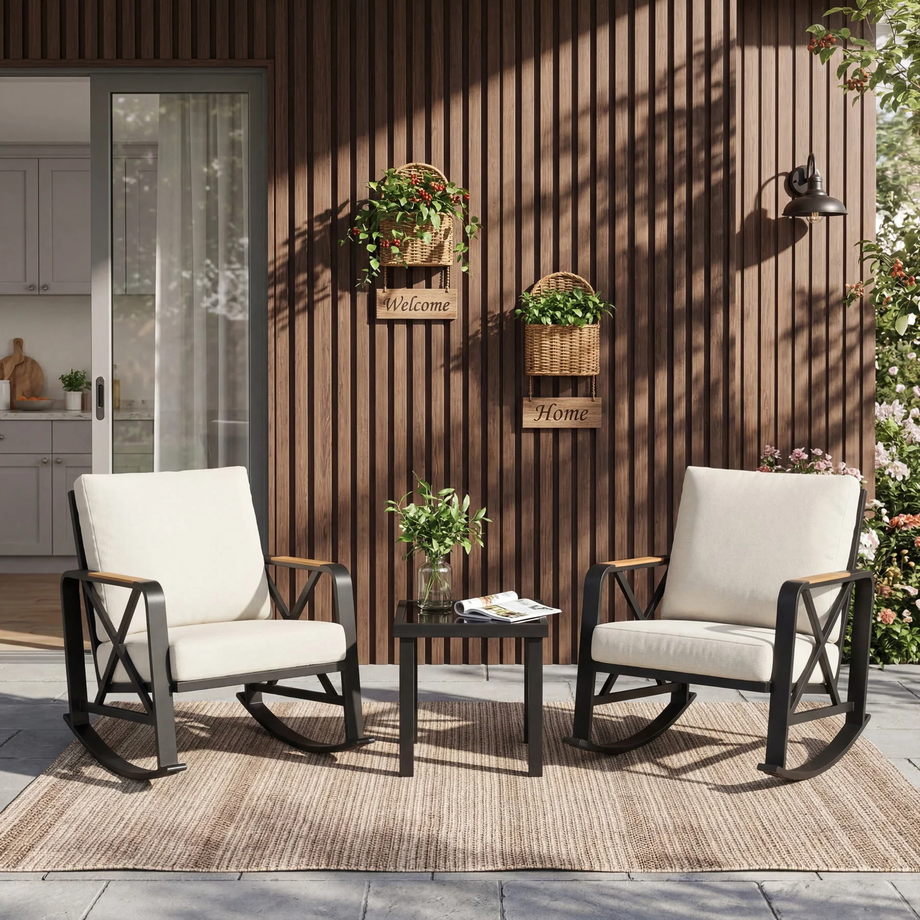 2-Person Outdoor Rocking Chair Set With Bistro Side Table And Cushions - Image 2
