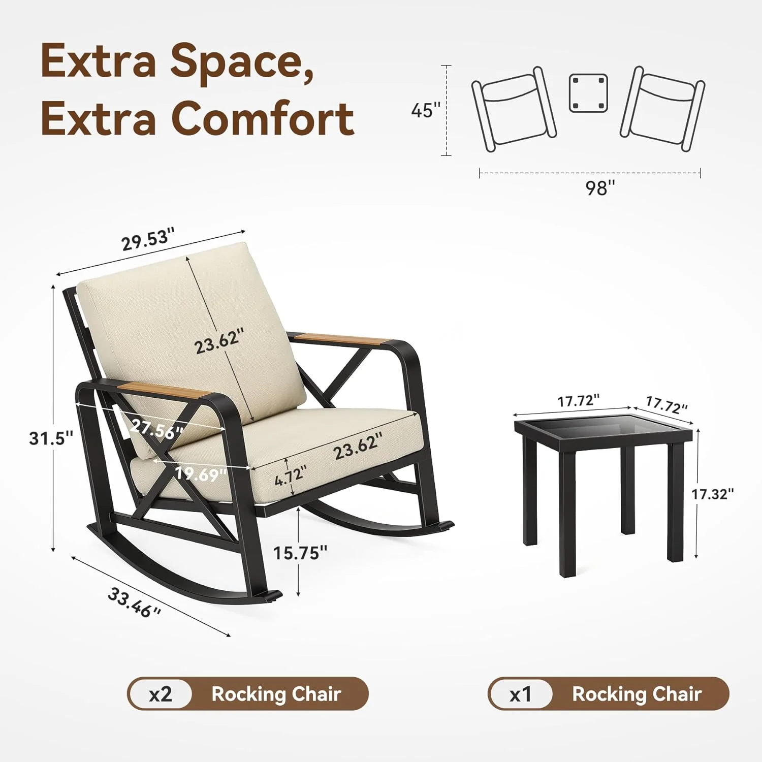 2-Person Outdoor Rocking Chair Set With Bistro Side Table And Cushions - Image 3