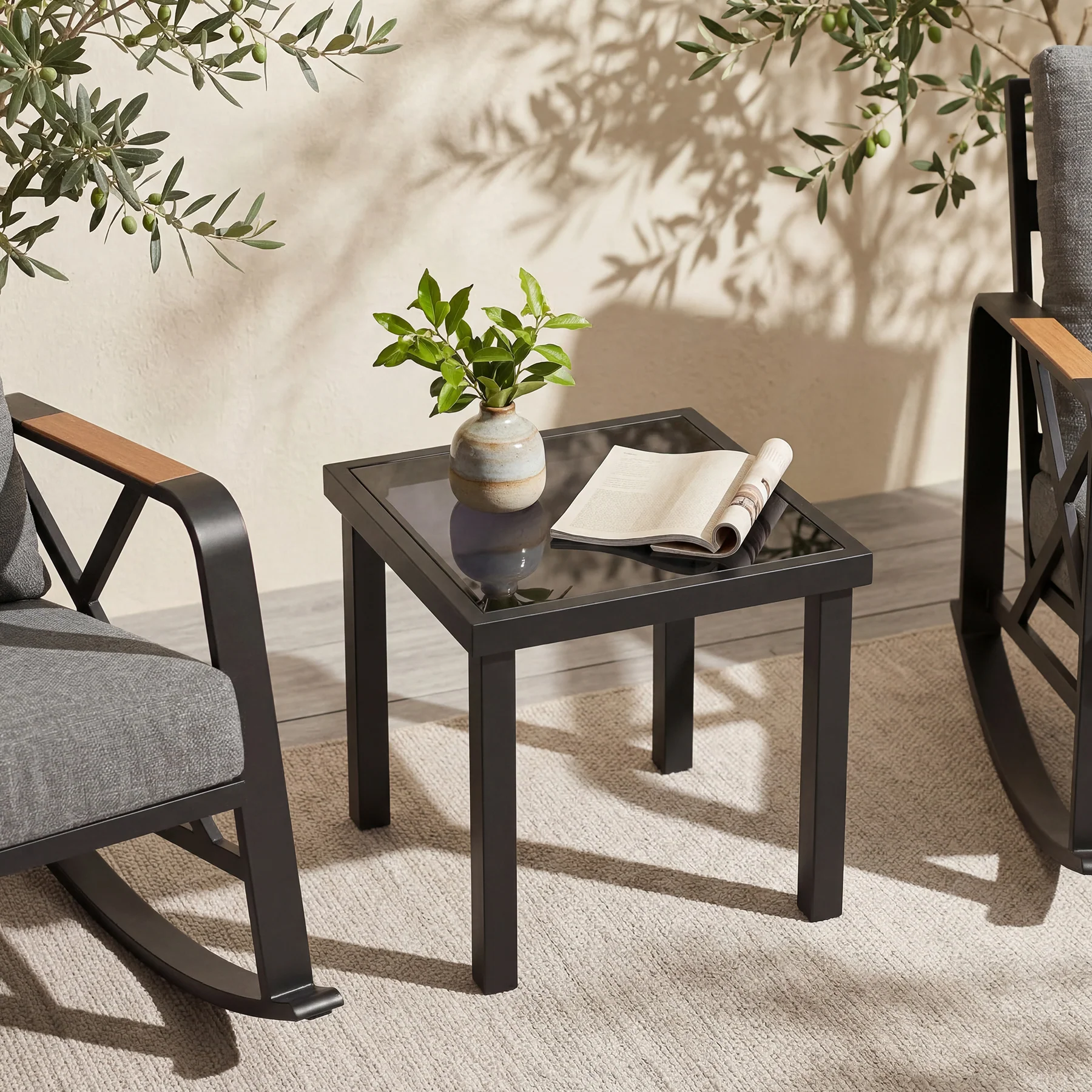 Outdoor Square End Table, Patio Side Table with Water-Resistant Glass Top - Image 3