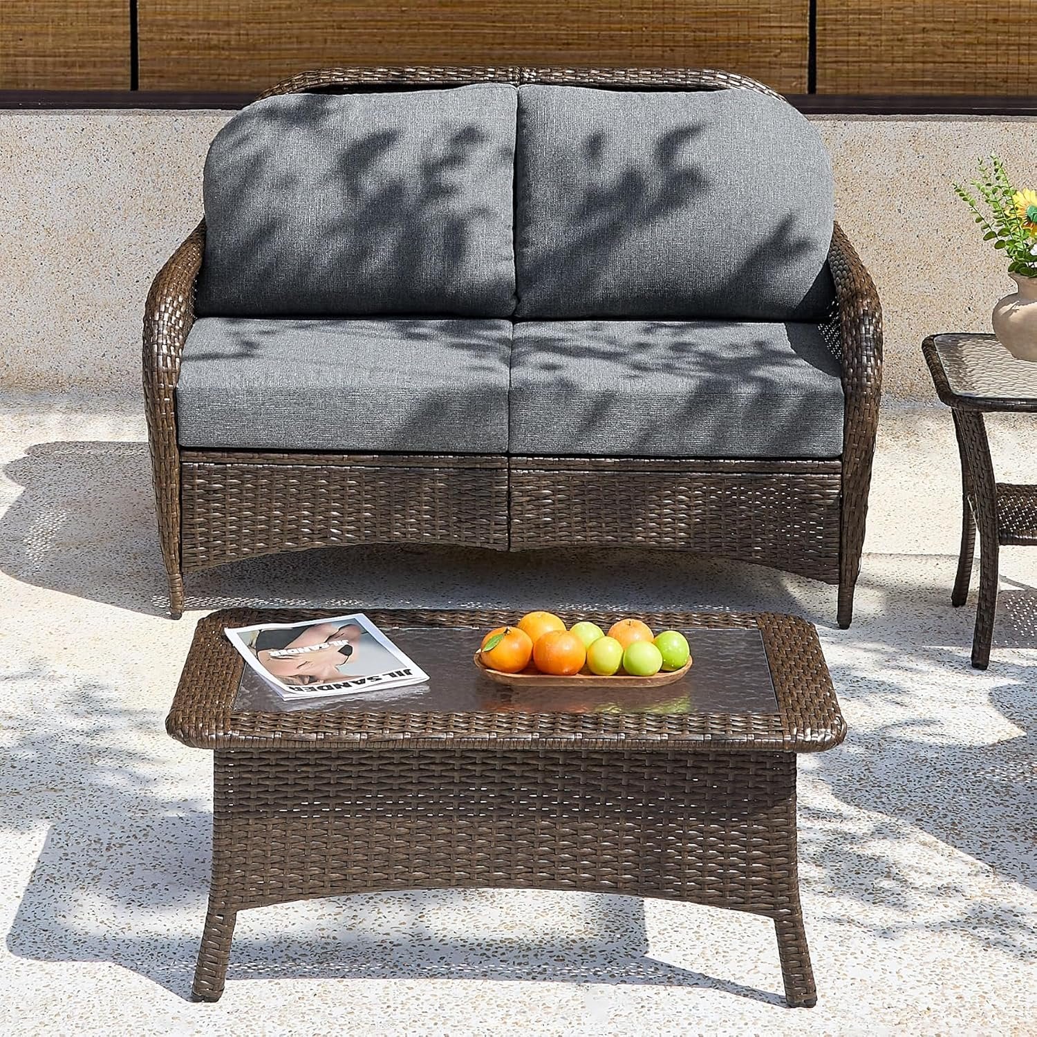 Outdoor Wicker Loveseat, 2-Seater Patio Sofa PE Rattan Outdoor Furniture for Porch - Image 3