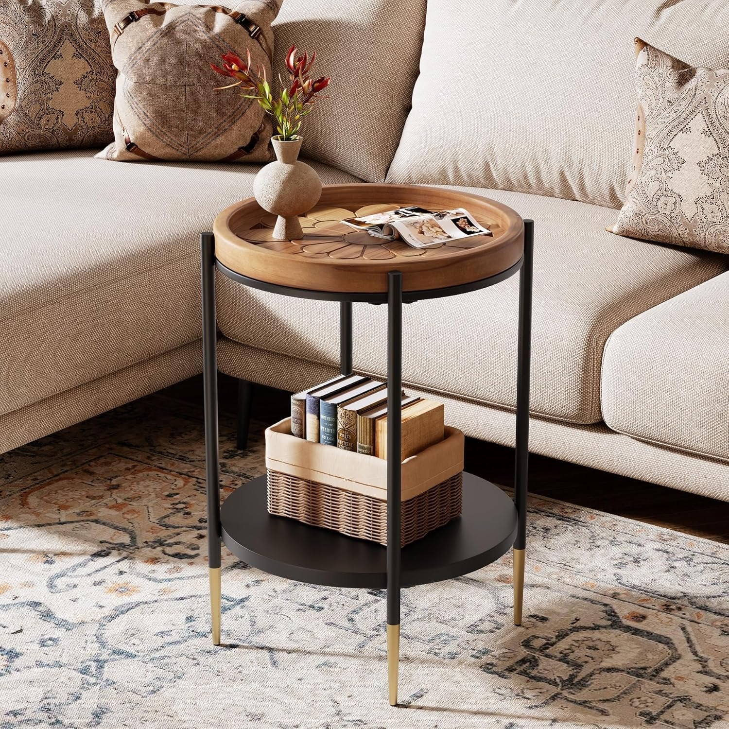 Round Side Table, 2-Tier End Table with Solid Wood Tabletop - Image 4