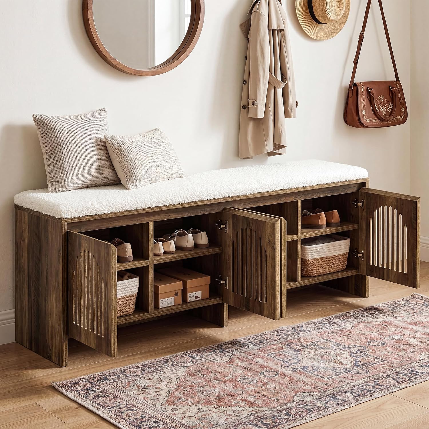 55" Upholstered Shoe Storage Bench, 2-Tier Entryway Bench with Storage Shelves - Image 3