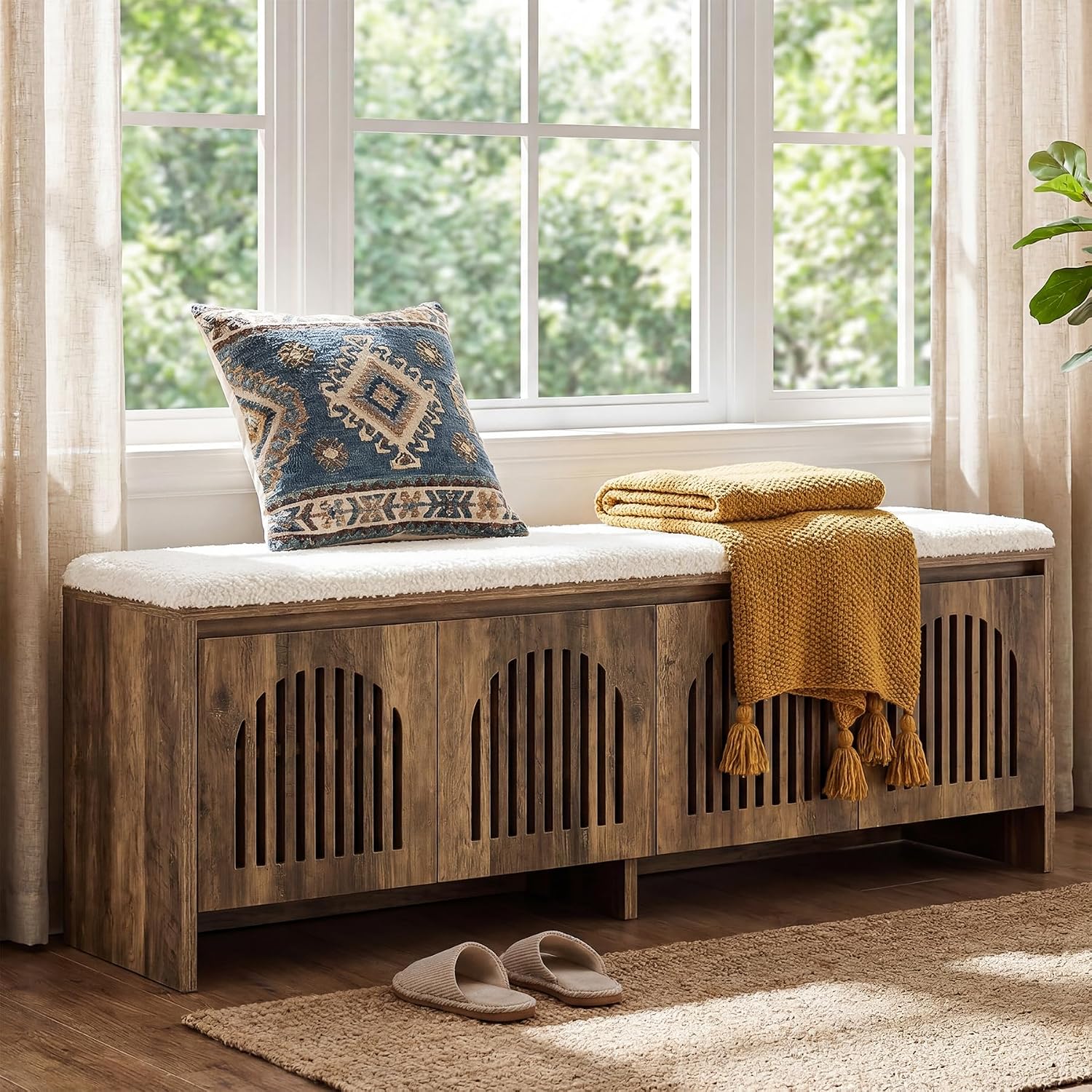 55" Upholstered Shoe Storage Bench, 2-Tier Entryway Bench with Storage Shelves - Image 4